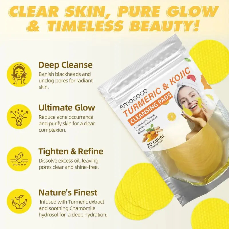 💥LAST DAY 49% OFF🌟 Turmeric & Kojic Acid Cleansing Pads – 20 Pcs, Gentle Deep Clean, Brighten & Soften Skin