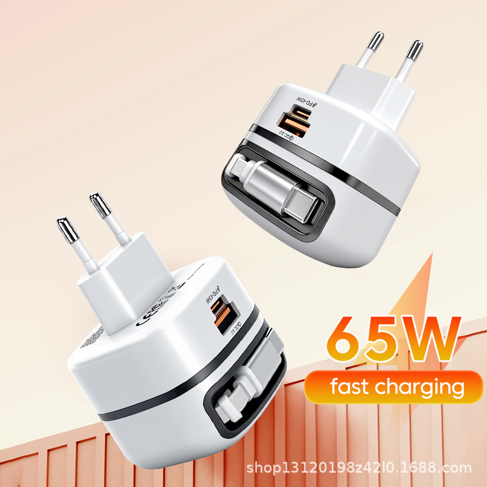 65W Fast Charger with Built-In Retractable Cable, USB A + USB C Dual Port Wall Charger, Foldable Plug Travel Power Adapter for iPhone, Samsung, Laptop