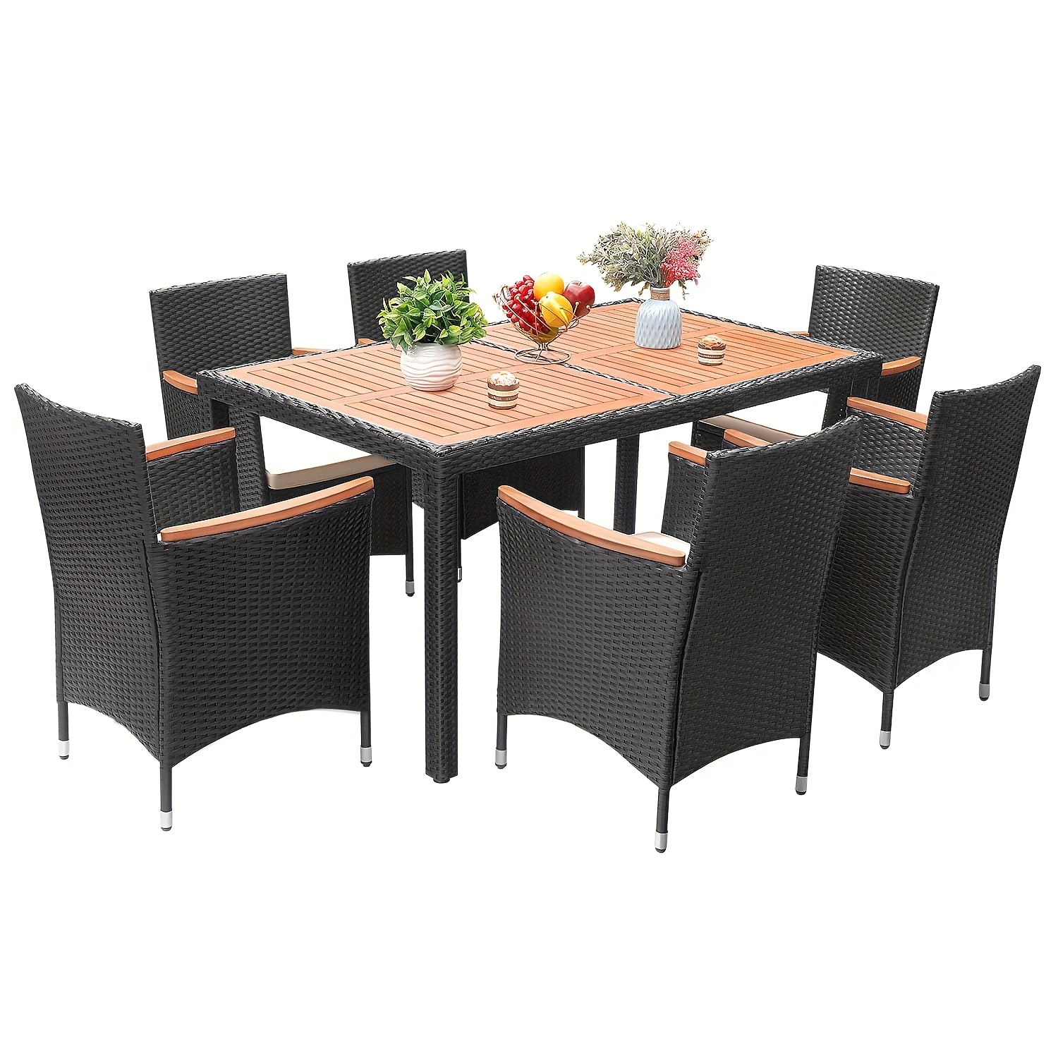 Patio furniture series, including a PE rattan chair and dining table set, with a table top made of Saka wood, and chairs featuring curved wooden armrests and cushions
