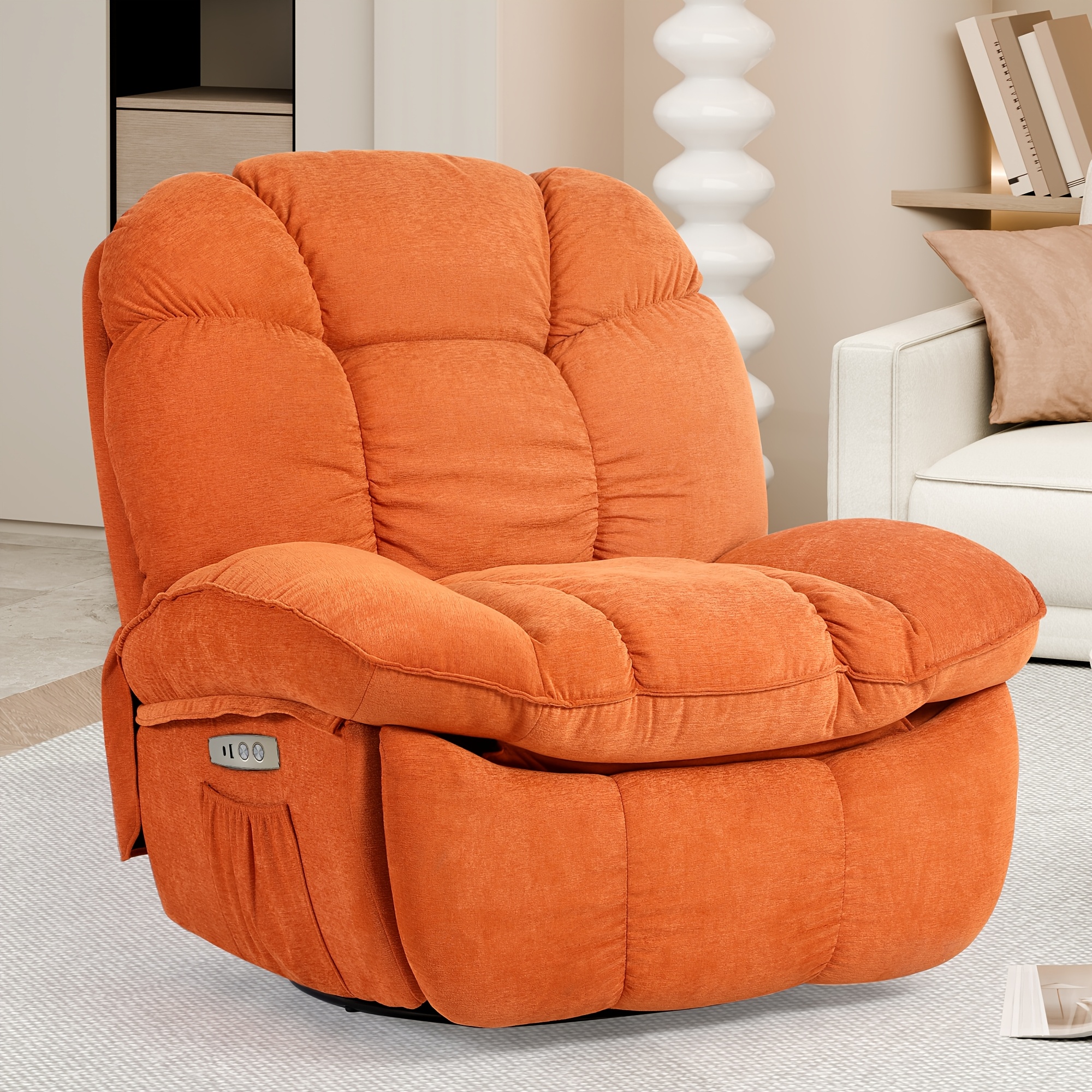 Electric recliner, a luxurious swivel recliner with vibration massage and heating functions, modern single-seater sofa rocking chair, equipped with USB, USB-C and side pockets, perfect for living room decor