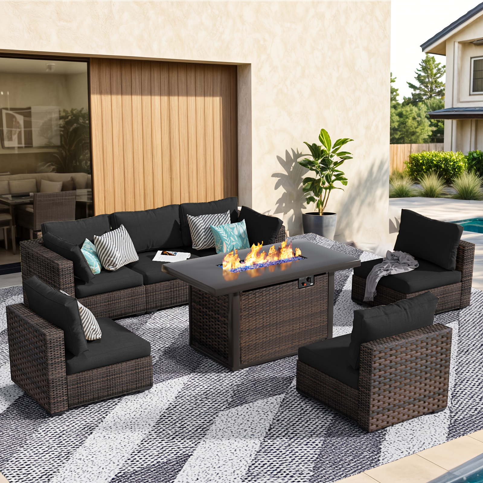 Patio Furniture Set 45/Outdoor Fire Pit 7-Piece Outdoor Patio Furniture 60000 BTU Outdoor Propane Fire Pit Table Patio Sofa Outdoor Chairs Anti-Slip Mat Waterproof Cover