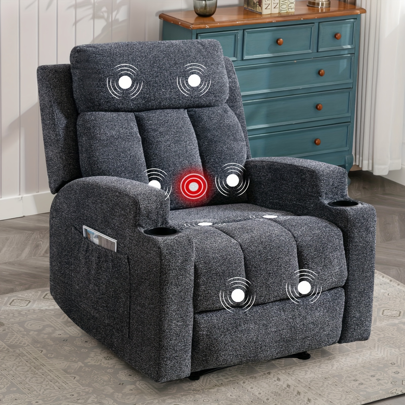 Modern Manual Massage Recliner with Heating Function - Ultra-Breathable Fabric Single Seat Sofa Lounge Chair with Side Pocket and Cup Holder