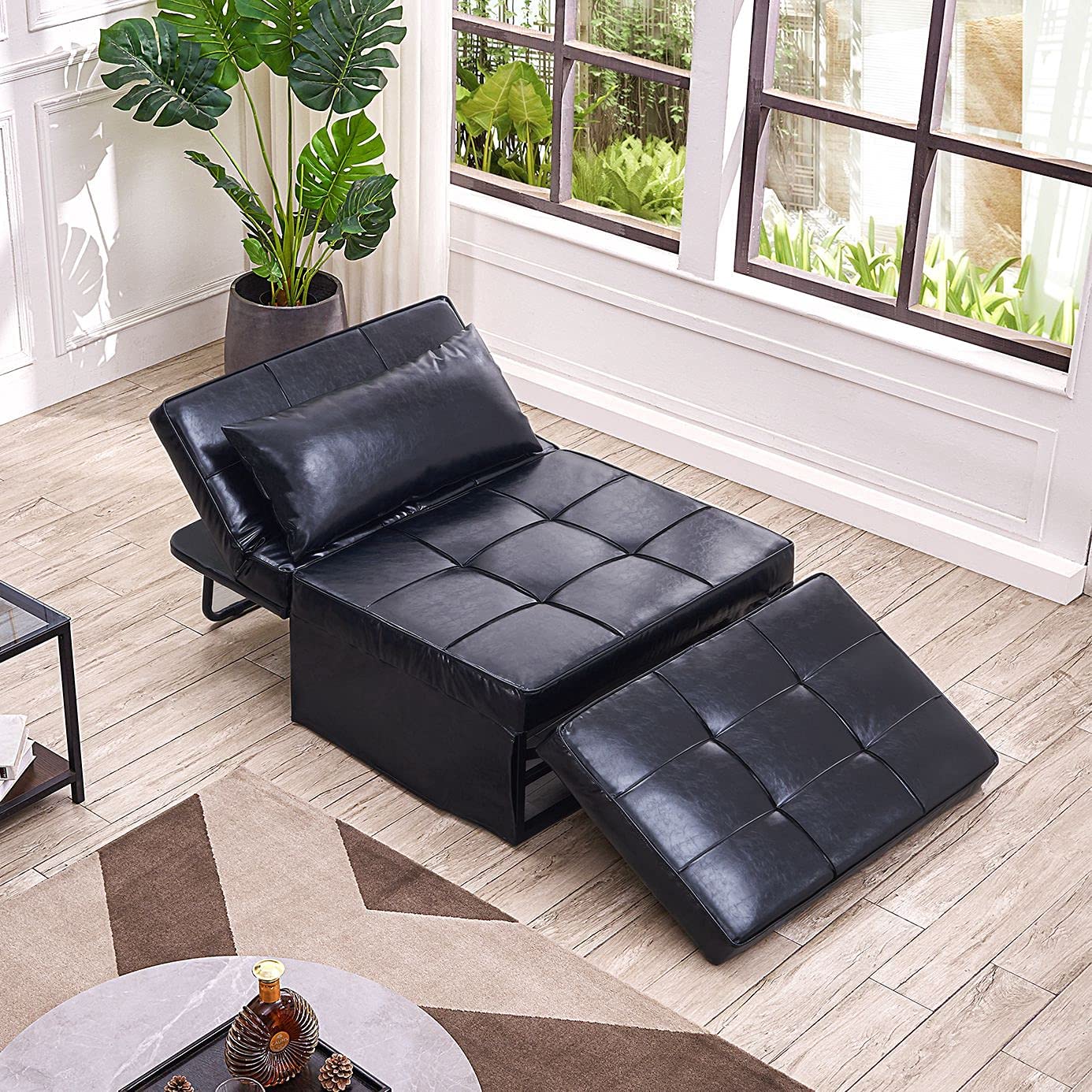 Vonanda Leather Ottoman Sofa Bed, Small Modern Couch Multi-Position Convertible Comfortable and Durable Leather Couch Lounger Guest Bed with Pillow for Small