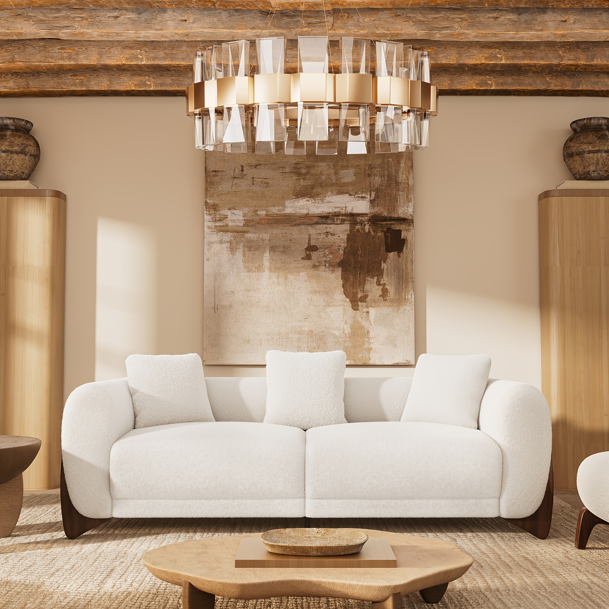 Morden Fort Modern Cloud Sofa - 3-seater fabric sofa with crescent-shaped wooden legs, ultra-thick high-rebound cushions, and 3 matching throw pillows. Upholstery suitable for a comfortable living room - Off-white