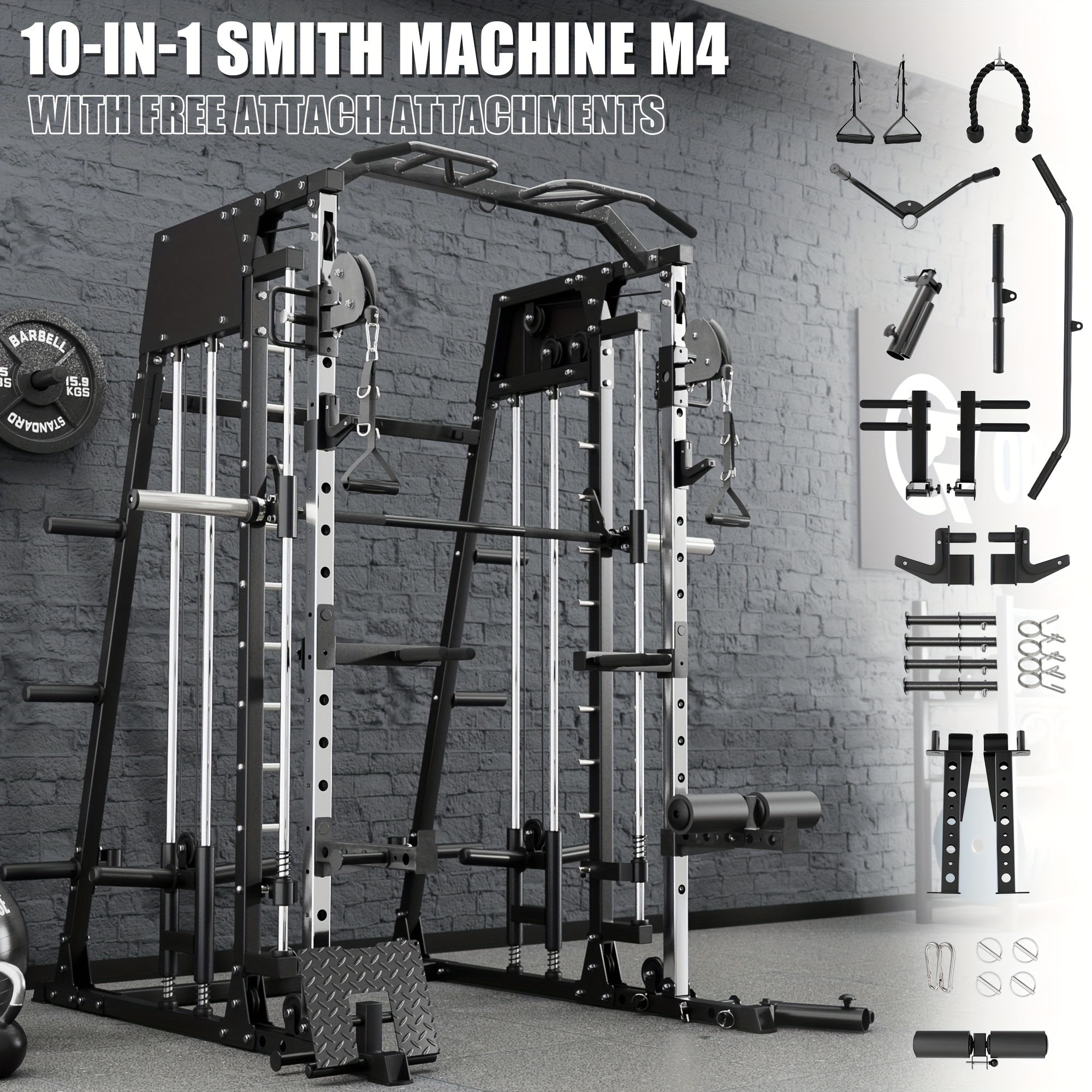 Home gym, with Smith machine, equipped with a 2200-pound heavy-duty support frame, cable crossover bar, weightlifting bar, and 360-degree swivel°Landmines, weightlifting racks, and various accessories for comprehensive strength training