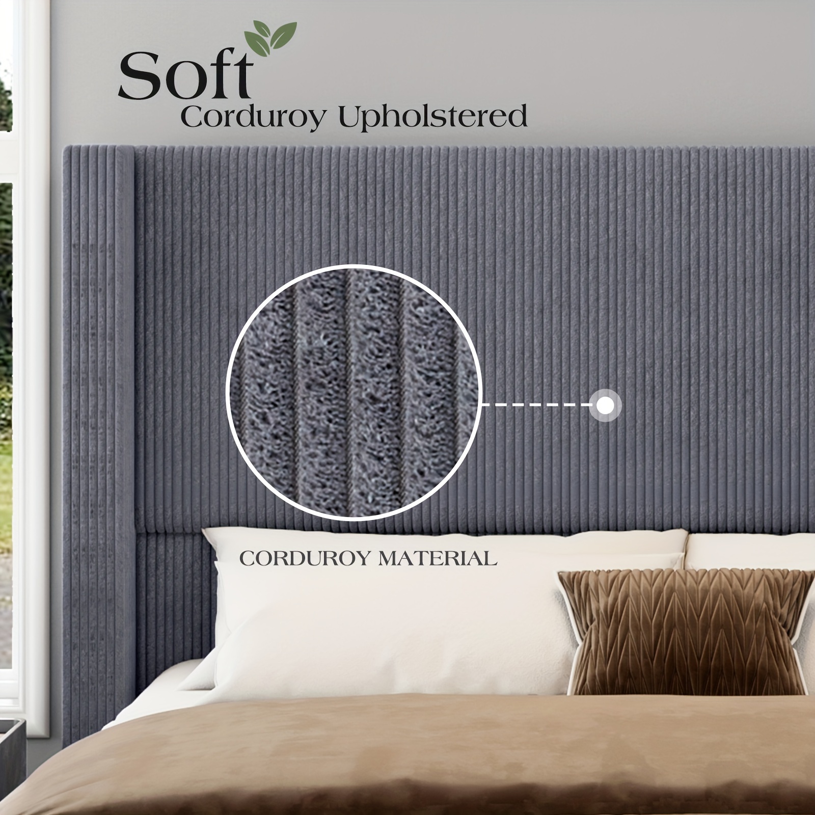 50.8inch High-back bed frame - Silent platform, made with solid wood legs and corduroy material, no mattress required.