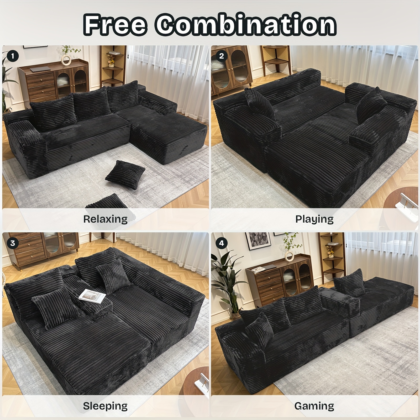 104inch Modern L-shaped modular sofa, featuring faux rabbit fur fabric, foam filling, and a deep seat design – suitable for apartments, modular sofa, modern/contemporary style decor (gray)