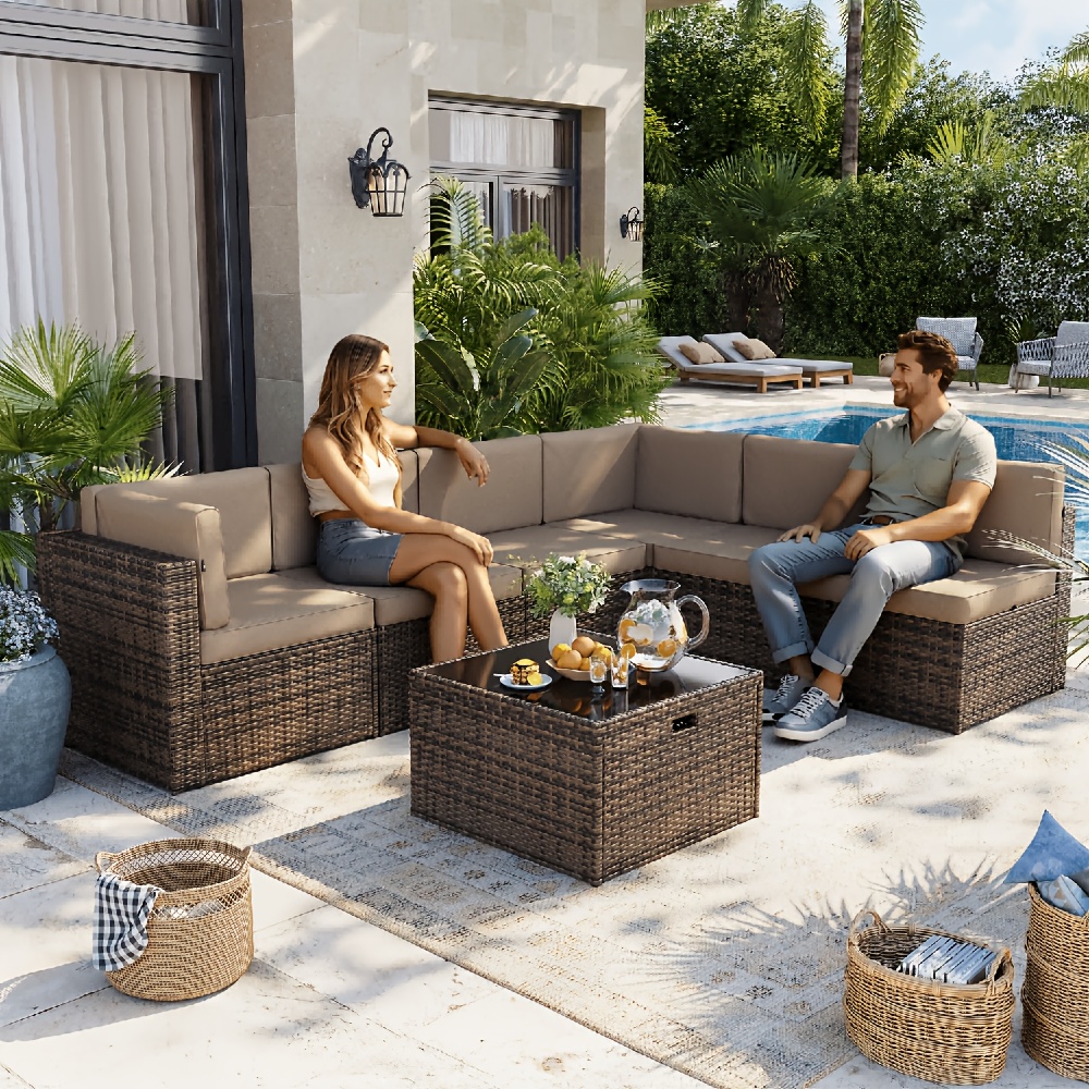 7/8/12/15-piece outdoor patio furniture set, wicker woven sectional sofa with thick cushions, coffee table and waterproof cover, beige