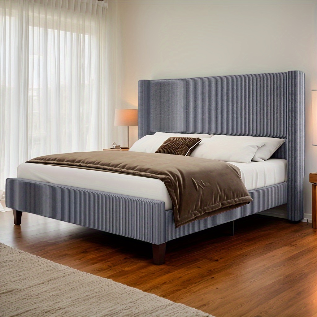 50.8inch High-back bed frame - Silent platform, made with solid wood legs and corduroy material, no mattress required.