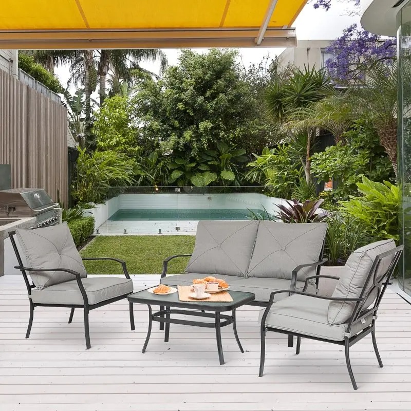 Outsunny 4 Pcs Metal Frame Garden Chatting Set w Sofa 2 Chairs Glass Top Table Foam Cushions
