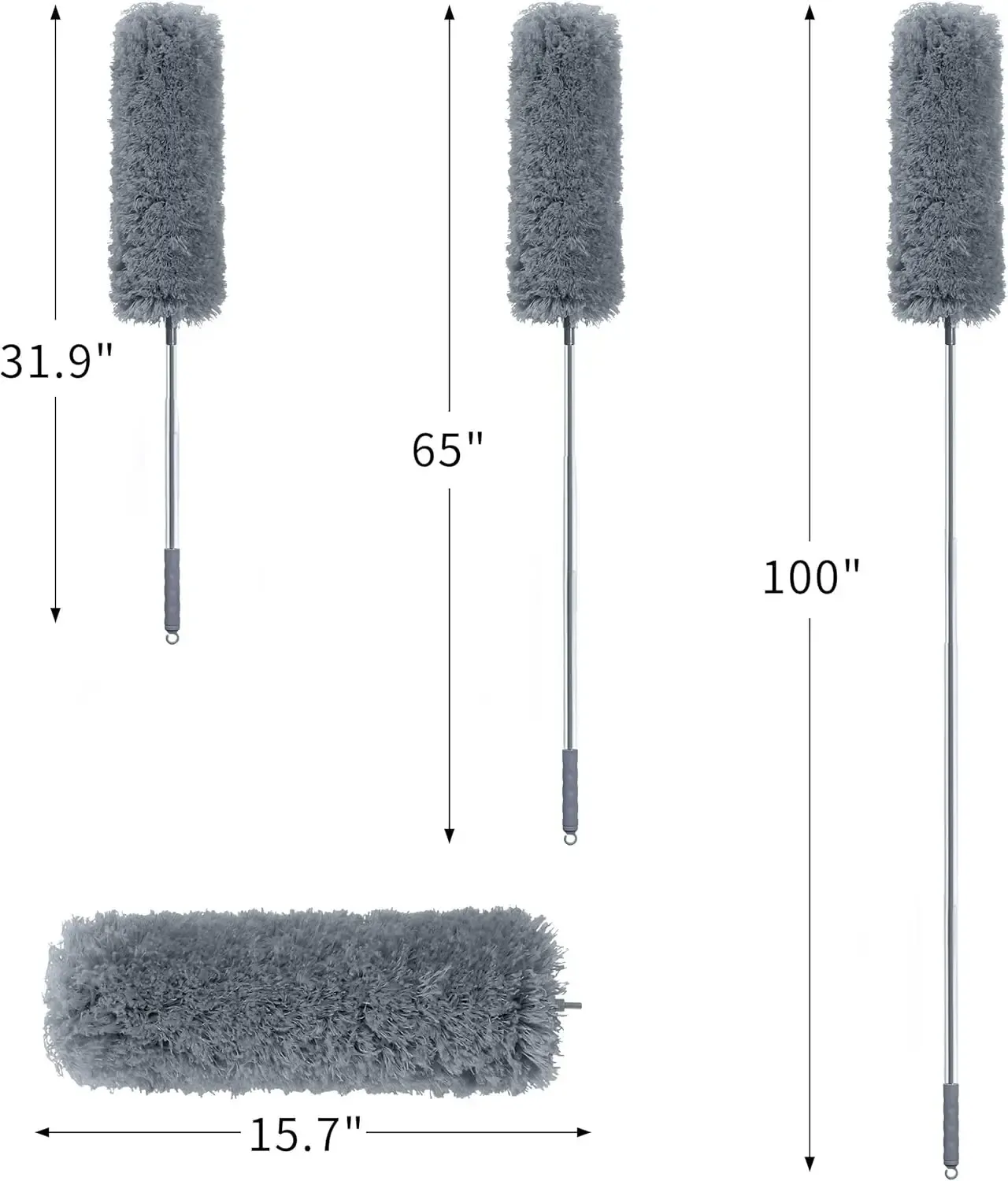 Extendable microfiber duster, equipped with 100inch extension rod, 3 washable duster replacement heads, 360-degree rotation° Flexible long-handled ceiling fan cleaning brush, with rubber cover, gray
