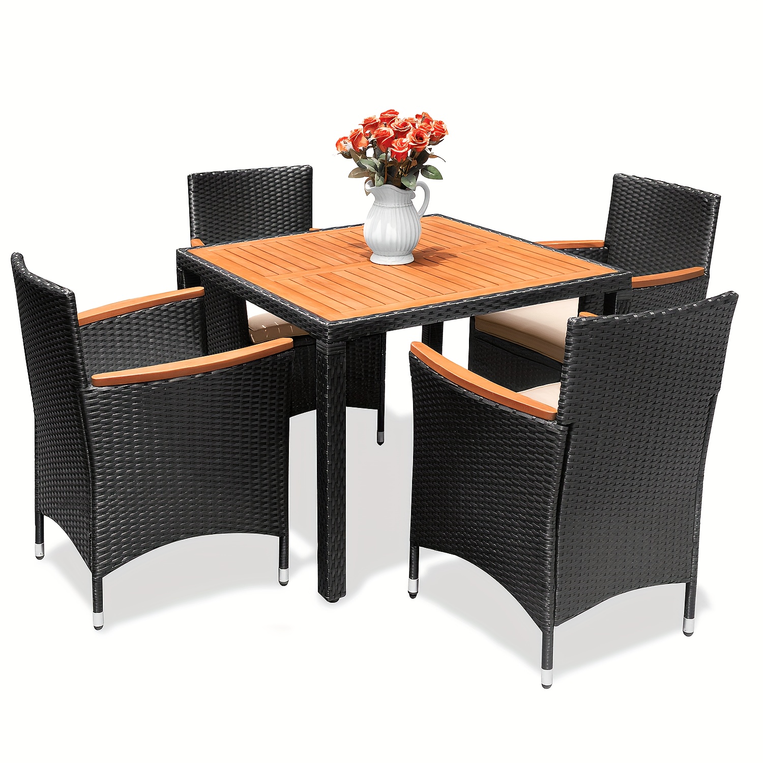 Patio furniture series, including a PE rattan chair and dining table set, with a table top made of Saka wood, and chairs featuring curved wooden armrests and cushions