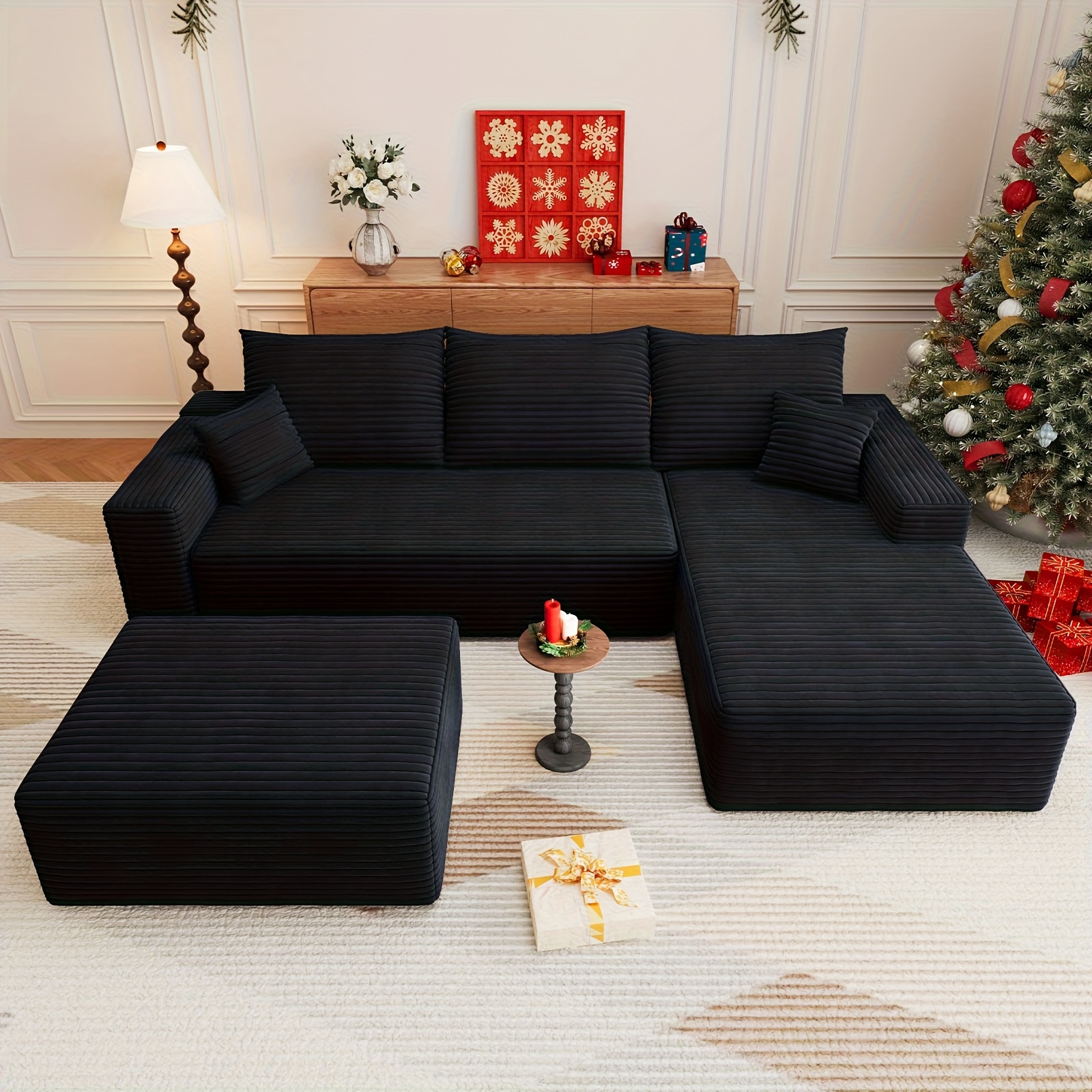 96inch Frameless Corner Sofa: Modern Modular U-Shaped Corduroy Fabric Living Room Sofa - Deep Seat with Chaise Lounge and Footstool (Camel Color, 2-seater + right-side chaise lounge + footstool)