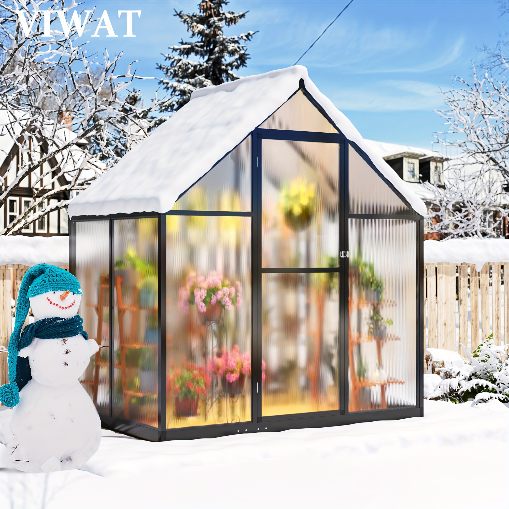 VIWAT outdoor greenhouse, polycarbonate greenhouse, with quick-install structure and roof vents, large accessible aluminum greenhouse, suitable for outdoor gardens and backyards