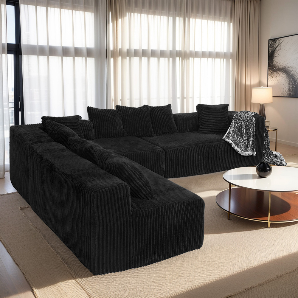 Modular U-shaped corner sofa, 130inch four-seater chaise lounge, reversible design, black striped corduroy fabric – suitable for living room or bedroom, with flexible arrangement options