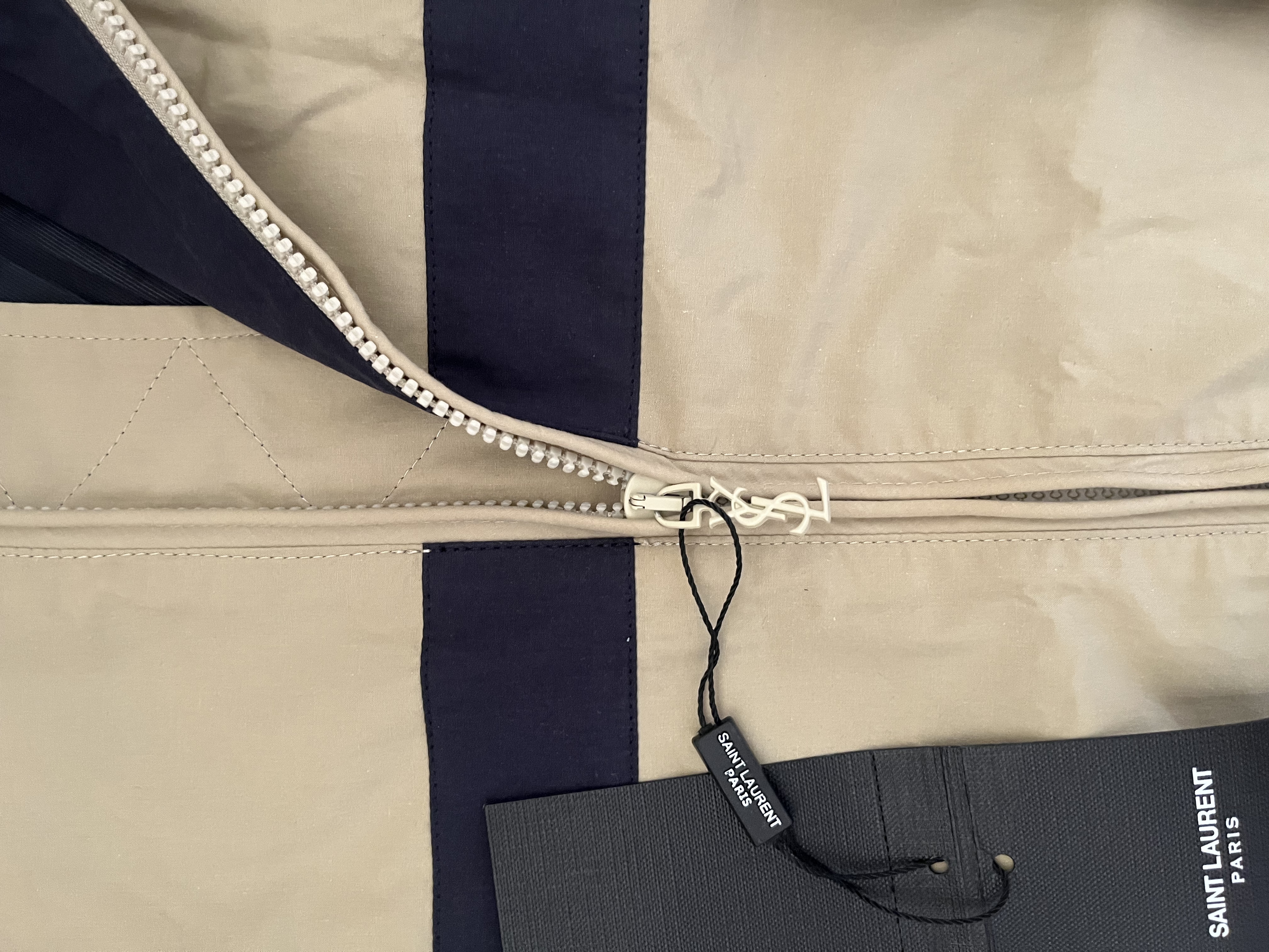 YS design 2026 hot Letter Embroidery Color Block Striped Stand Collar Long Sleeve Trench Coat