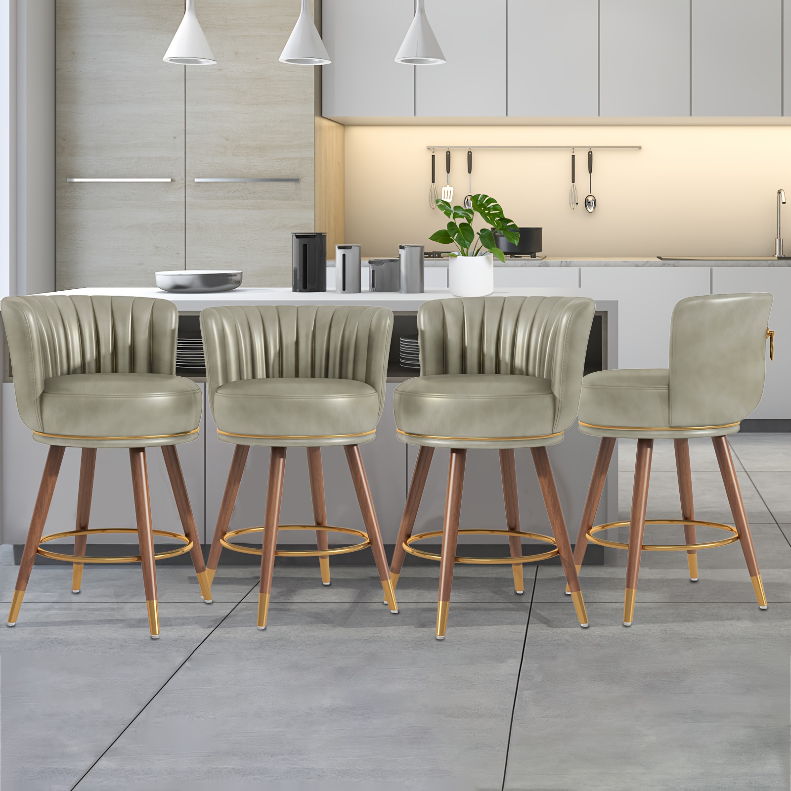 Junius 4-piece set of swivel bar stools, 26inch high stools with backrest, 360-degree rotating wooden leg bar chairs, white cushioned kitchen island stools, weight capacity 300 pounds