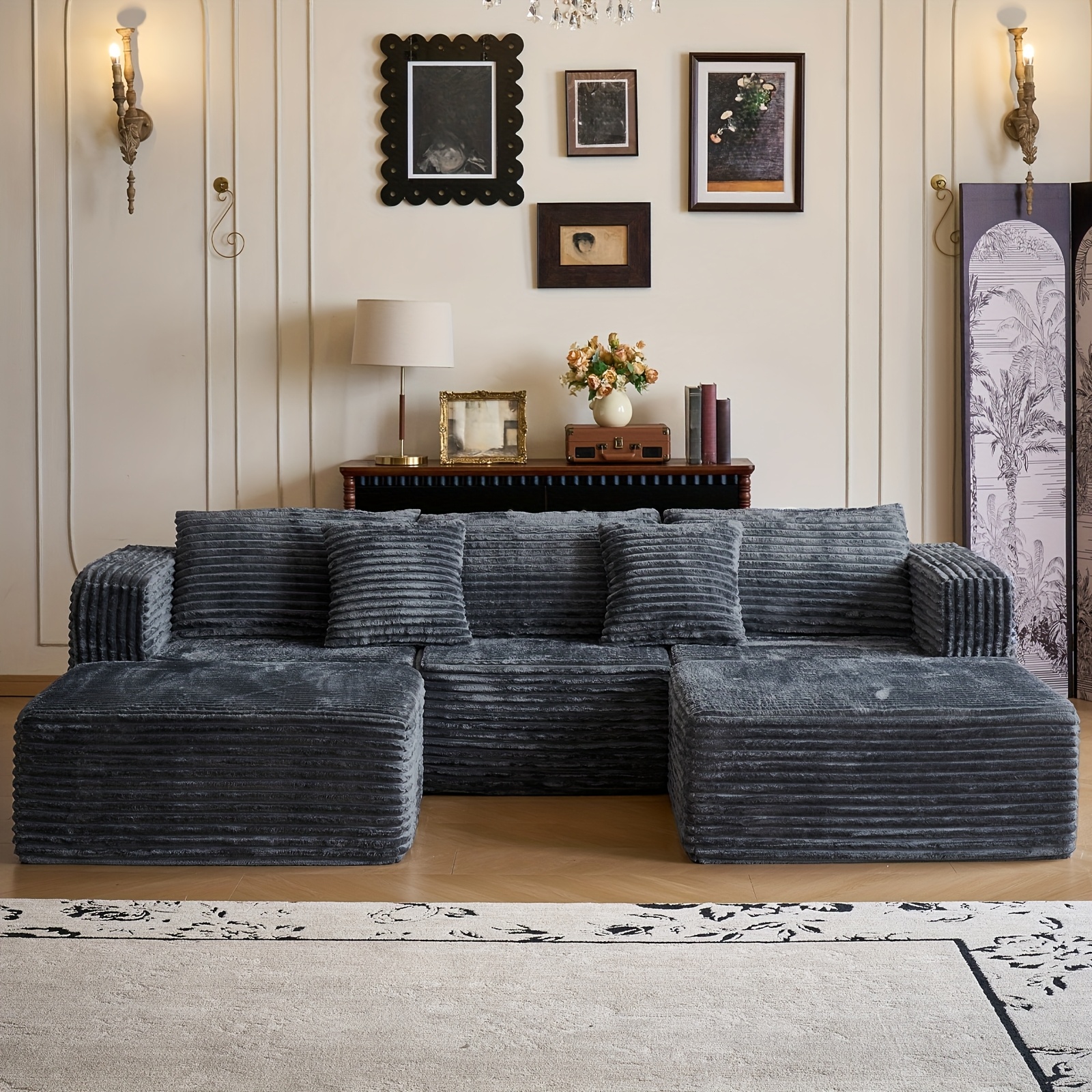 110.24inch Modular Sectional Sofa, U-Shaped Sofa with Chaise Lounge, Striped Fabric Four-Seater Sofa for Living Room and Bedroom (Corduroy), Freely Combinable Sofa (Black/Gray)