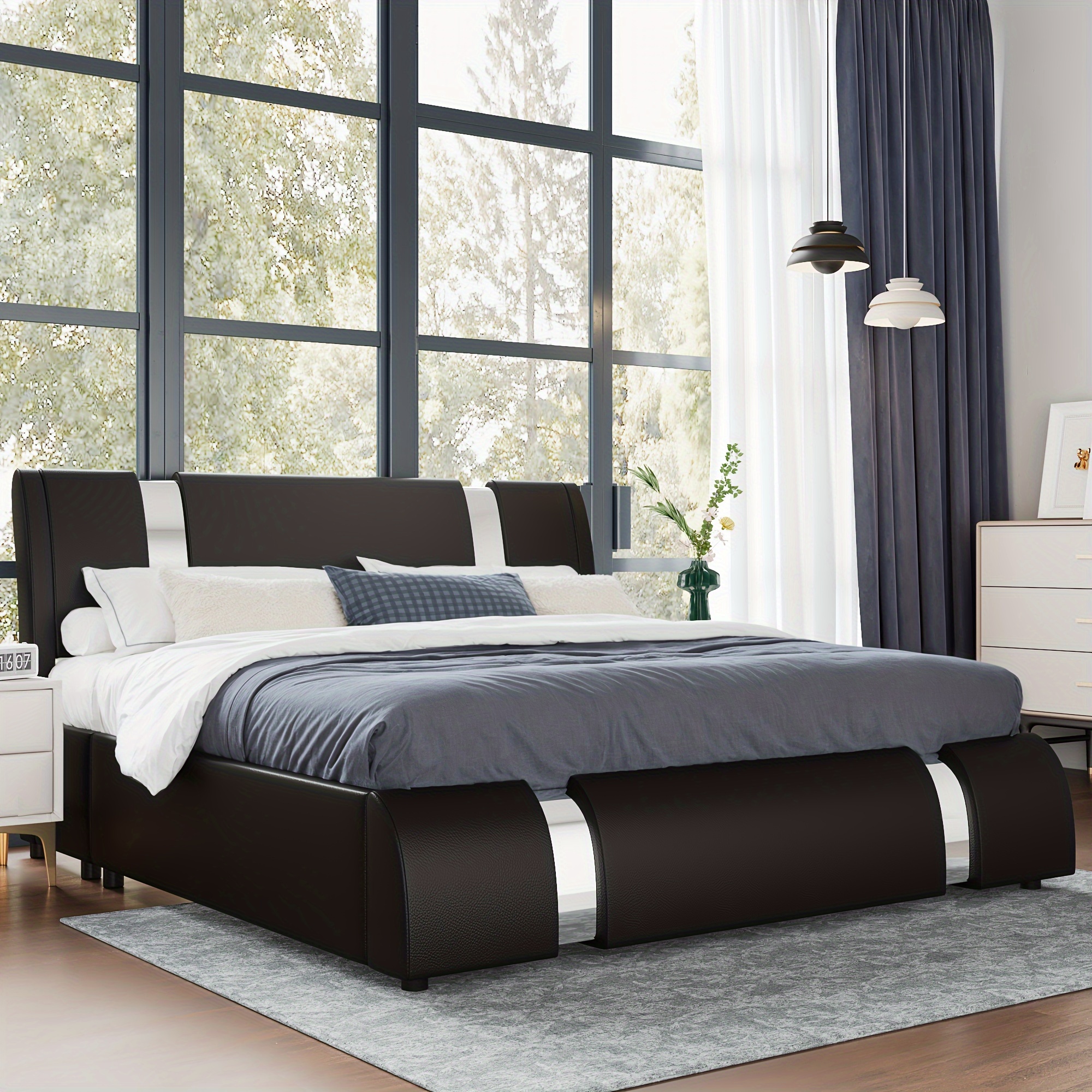 WEEWAY modern wrought iron decorative bed frame, faux leather platform bed with curved adjustable headboard, wooden slat support, no box spring needed