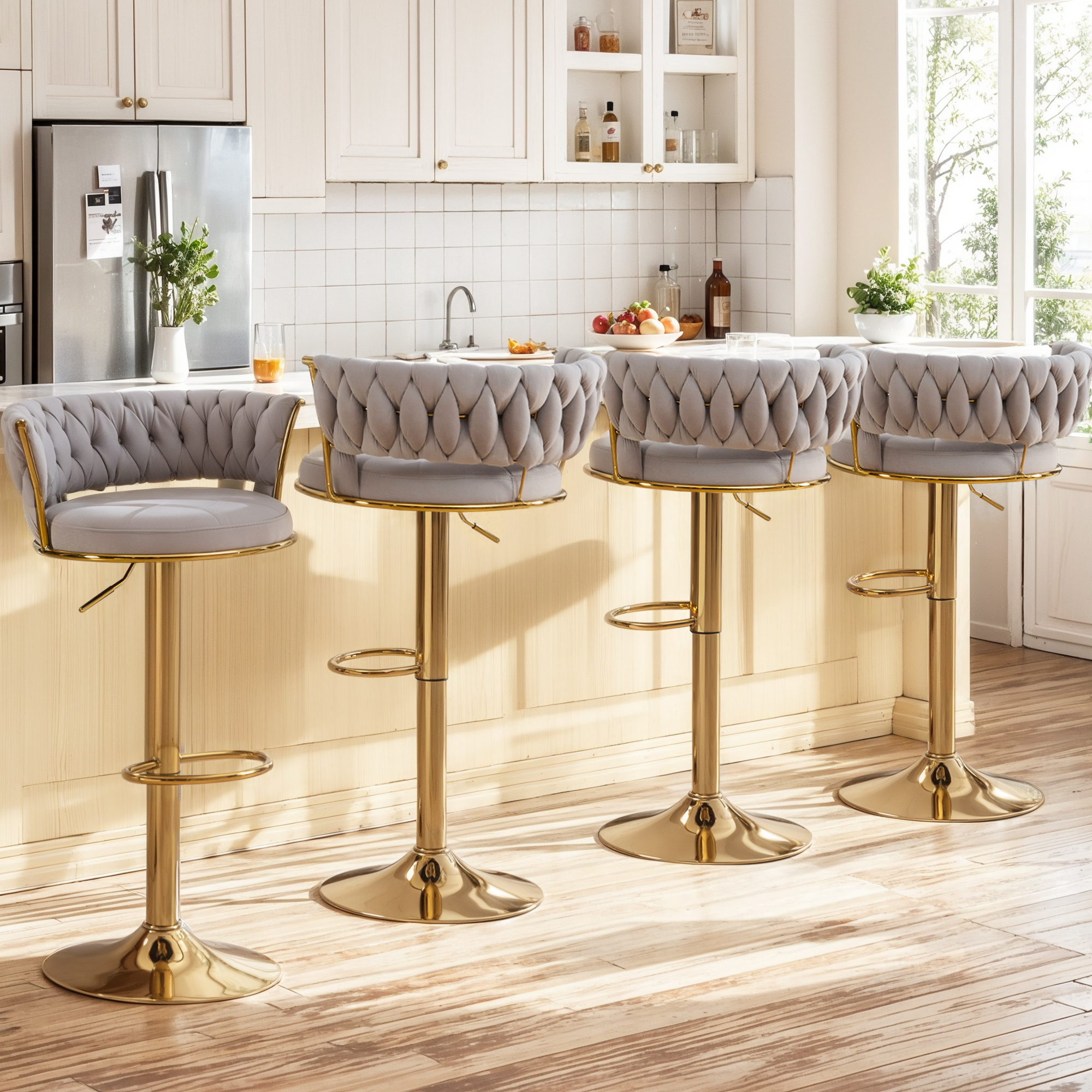 VECELO 360°Set of 4 swivel bar chairs, height-adjustable counter high chairs with back and arms, suede fabric kitchen island chairs
