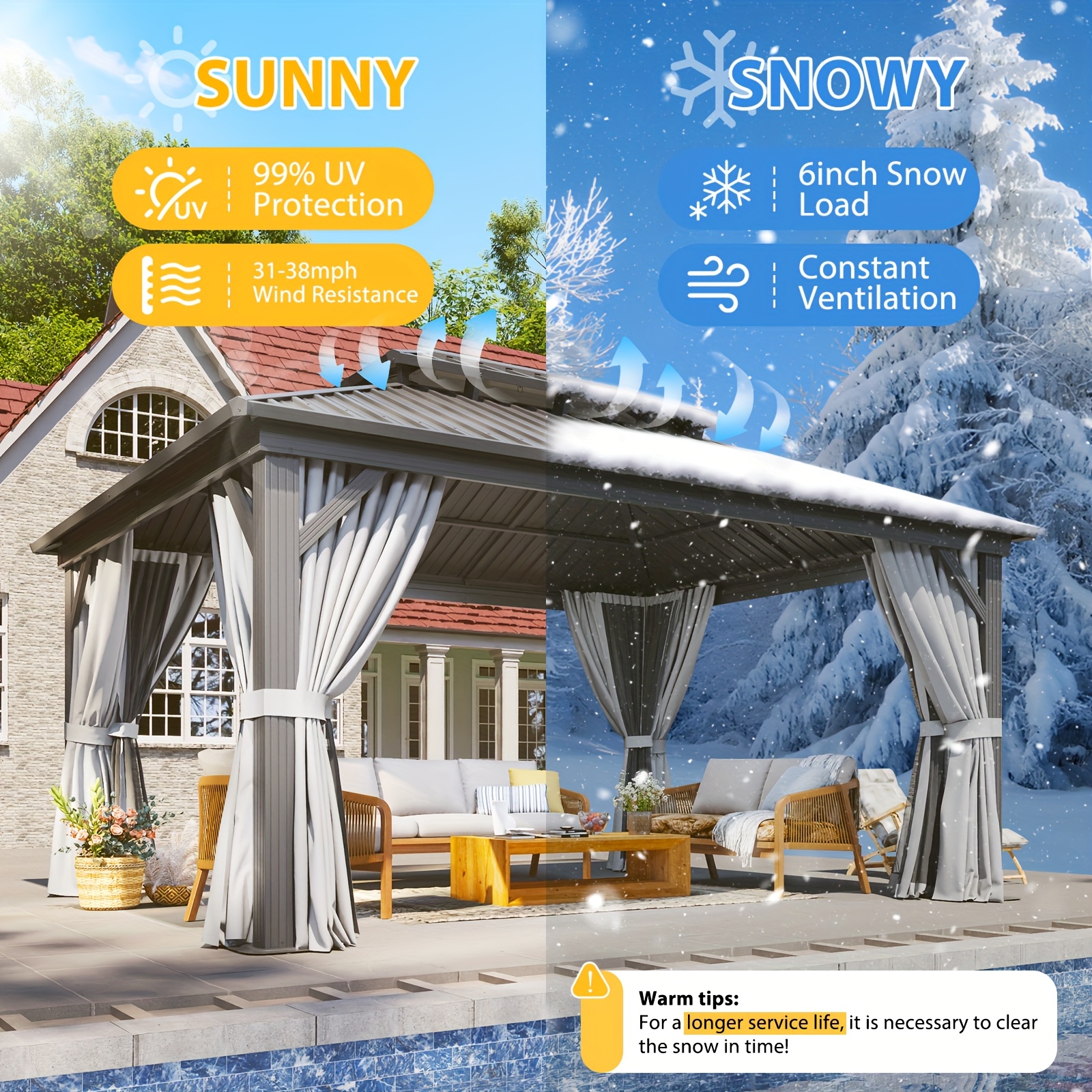 Sonegra 12' X 20'/12' X 16'/12' X 10' Hardtop Gazebo, Double Galvanized Steel Roof - Aluminum Frame Outdoor Gazebo with Mosquito Net and Curtains, Suitable for Patio, Yard, and Deck (Free Shipping)