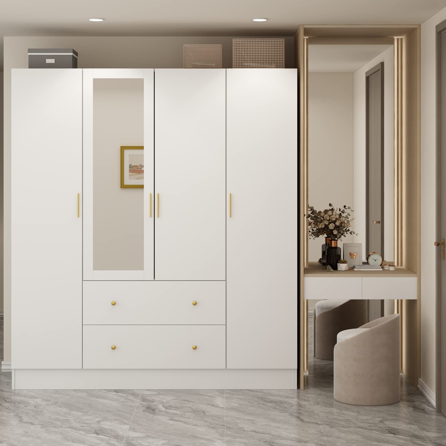 4 Doors Wardrobe Armoire with Mirror, 63