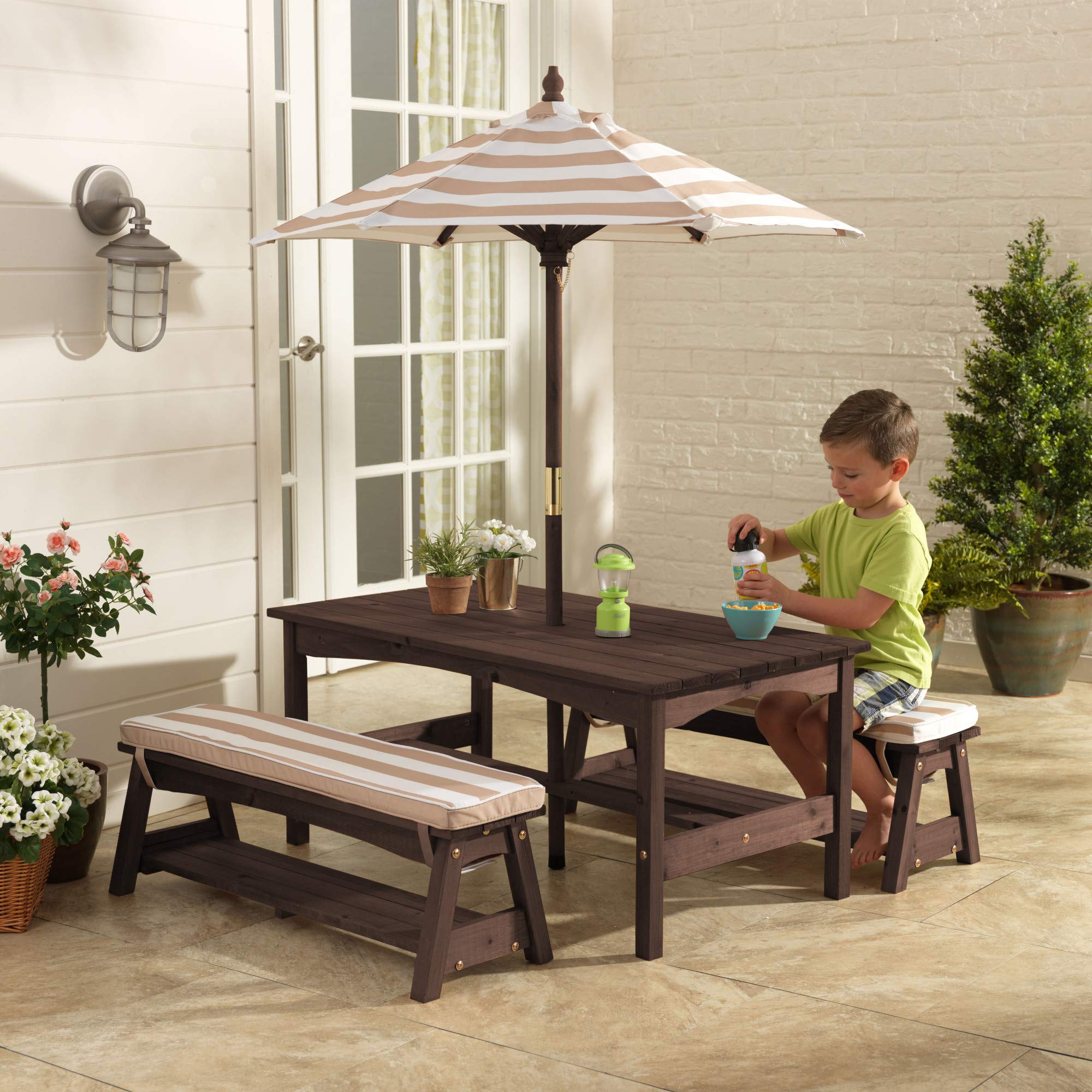Outdoor Wooden Table & Bench Set with Cushions and Umbrella, Kids Backyard Furniture
