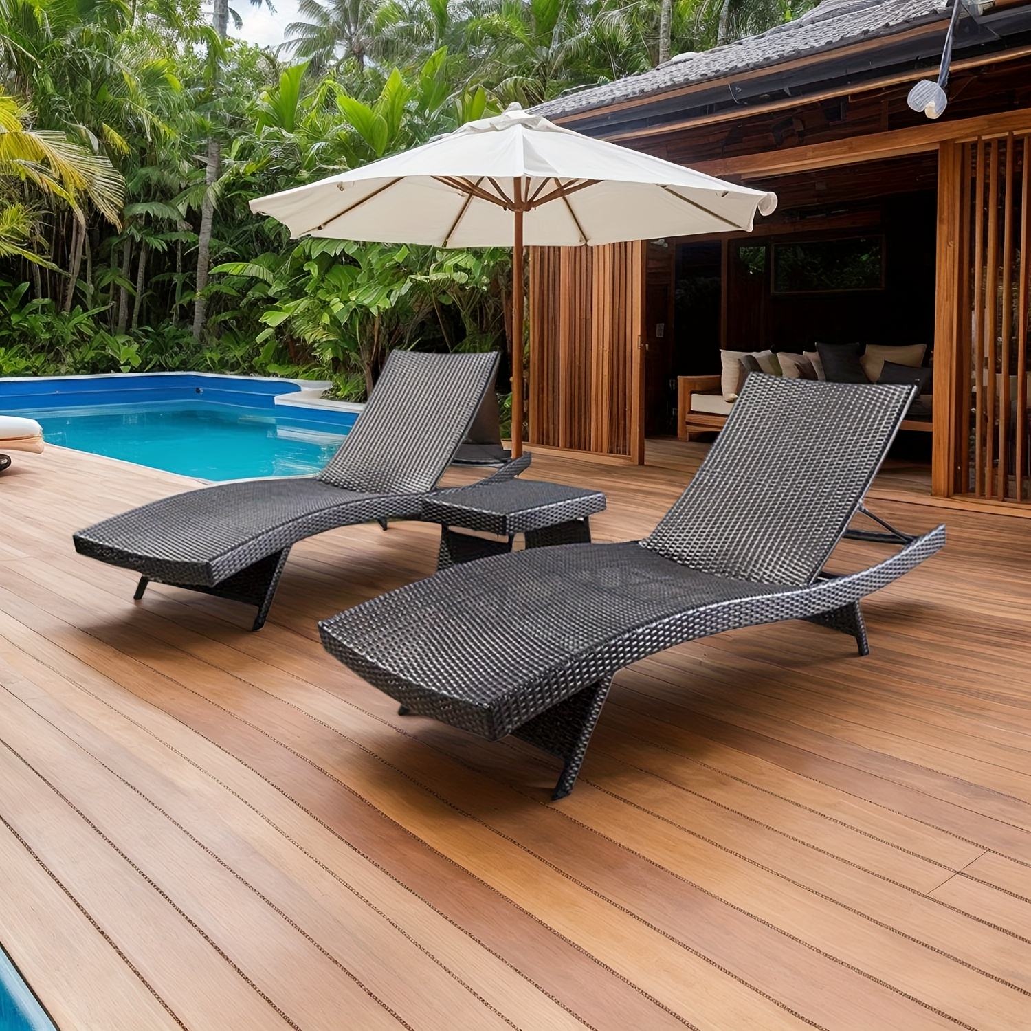 2 outdoor wicker lounge chairs + 1 coffee table, lawn sunbathing chairs and side table, garden lounge chairs, patio wicker lounge chairs and side table, poolside backyard beach wicker lounge chairs and table