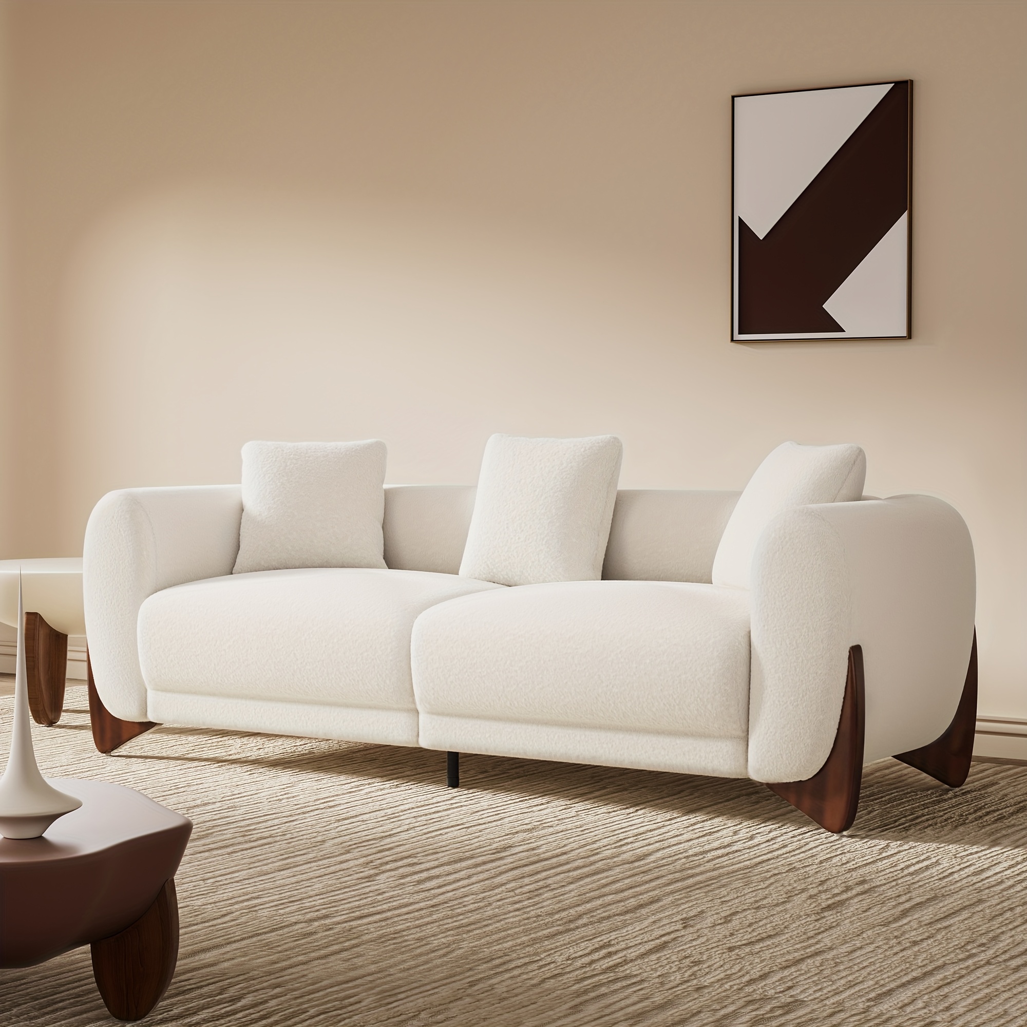Morden Fort Modern Cloud Sofa - 3-seater fabric sofa with crescent-shaped wooden legs, ultra-thick high-rebound cushions, and 3 matching throw pillows. Upholstery suitable for a comfortable living room - Off-white