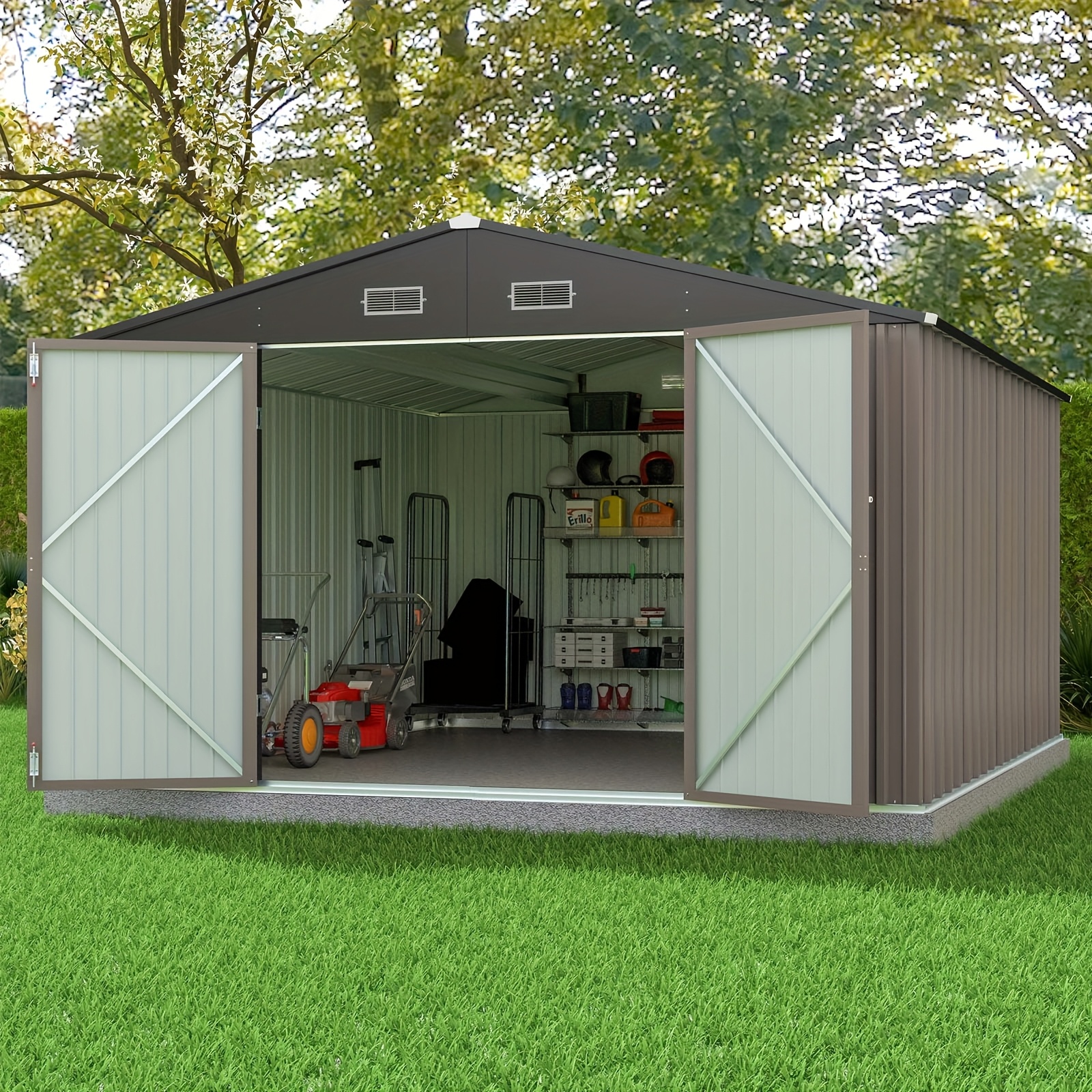 GUNJI 10 X 12 FT Metal Garden Storage Shed| Durable outdoor storage shed with sliding doors, waterproof and suitable for tools, equipment, bicycles