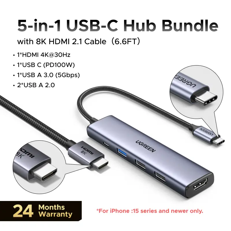 UGREEN 5-in-1 USB-C Hub Bundle with 8K HDMI 2.1 Cable, 4K@30Hz HDMI, PD 100W Charging, USB 3.0 & USB 2.0 Ports, Multiport Adapter for MacBook, iPad Pro, iPhone 16, XPS, ThinkPad