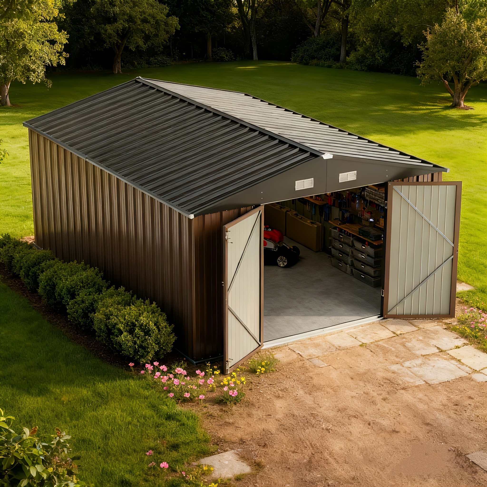 GUNJI 10ft x 10ft metal storage shed, with framed floor and shelves, steel garden shed with lockable door design, suitable for storing tools and miscellaneous items in gardens, backyards, patios, and other outdoor spaces