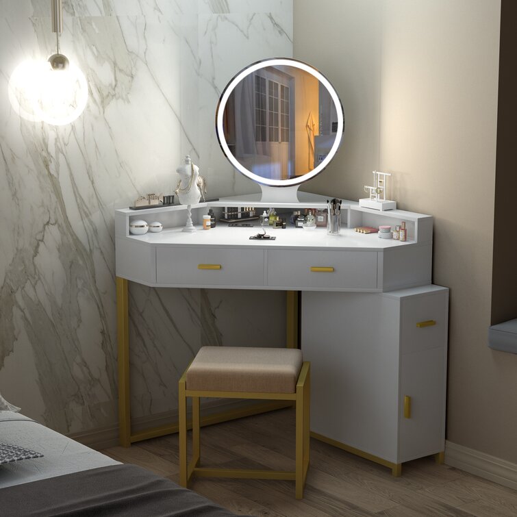 Corner Vanity Set with Lighted Mirror