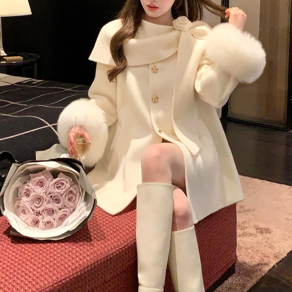 Ivory Bow-Collar Wool Coat with Fur Cuffs