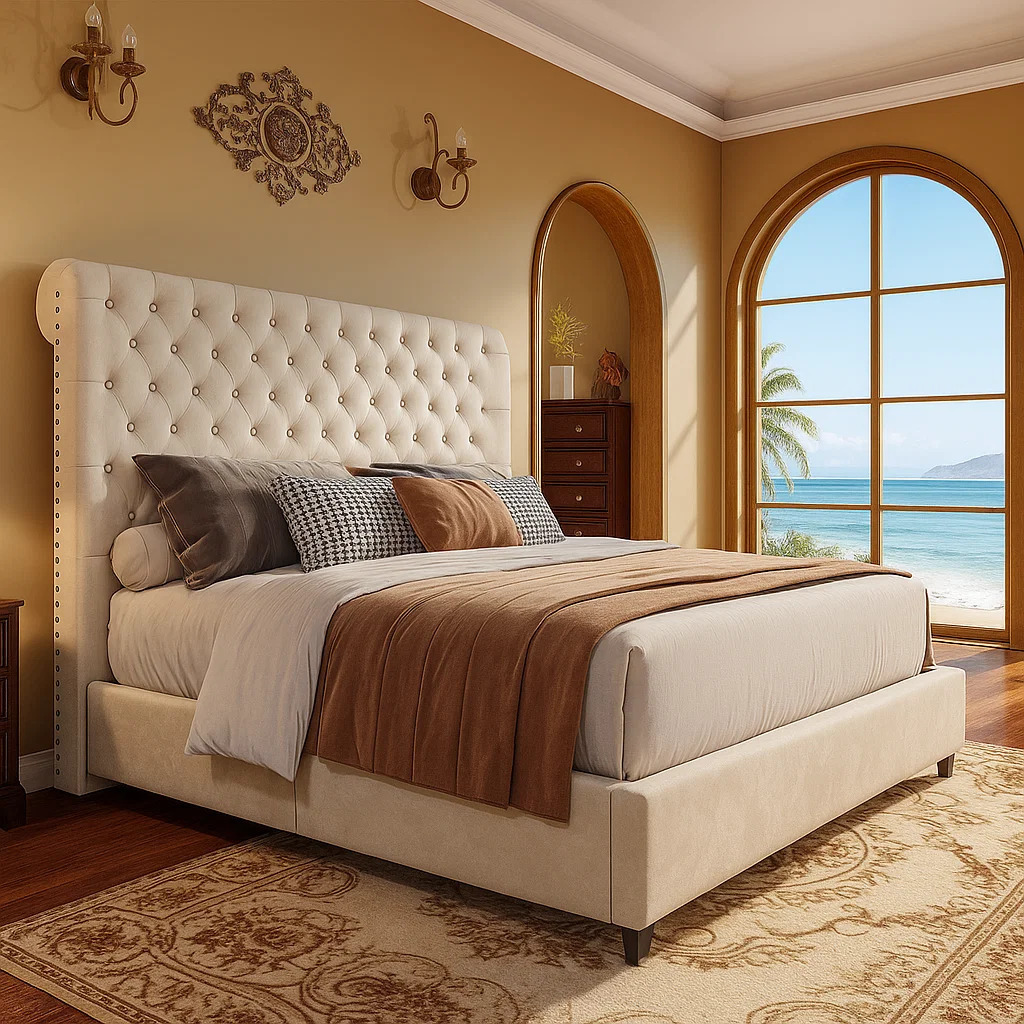 ALBOTT Upholstered Platform Bed Frame with 52.8inch Sleigh Headboard - Button Tufted Design, No Box Spring Needed, Easy to Assemble
