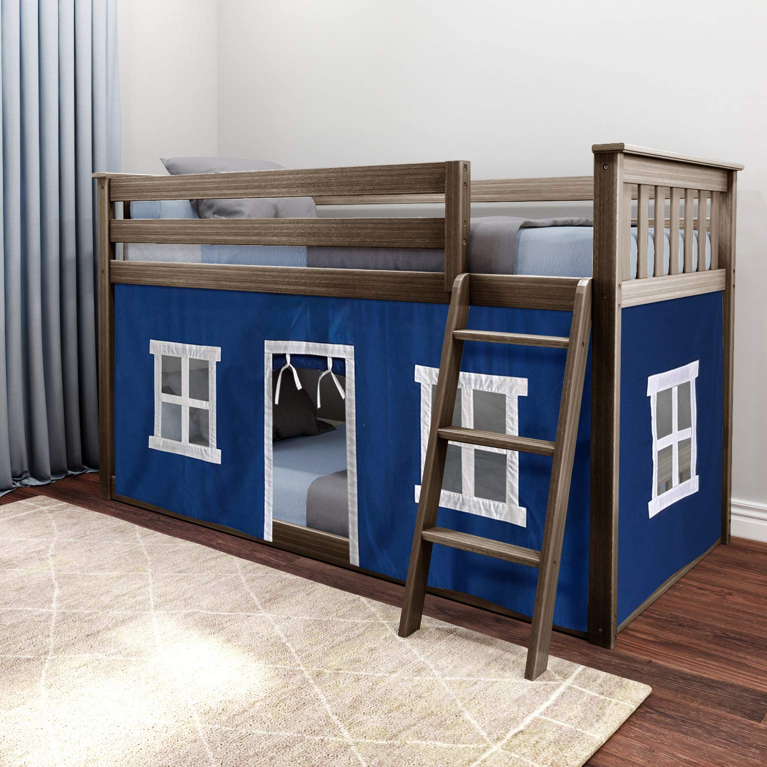 Low Bunk Bed, Twin-Over-Twin Bed Frame for Kids with Curtains for Bottom, Clay/Blue