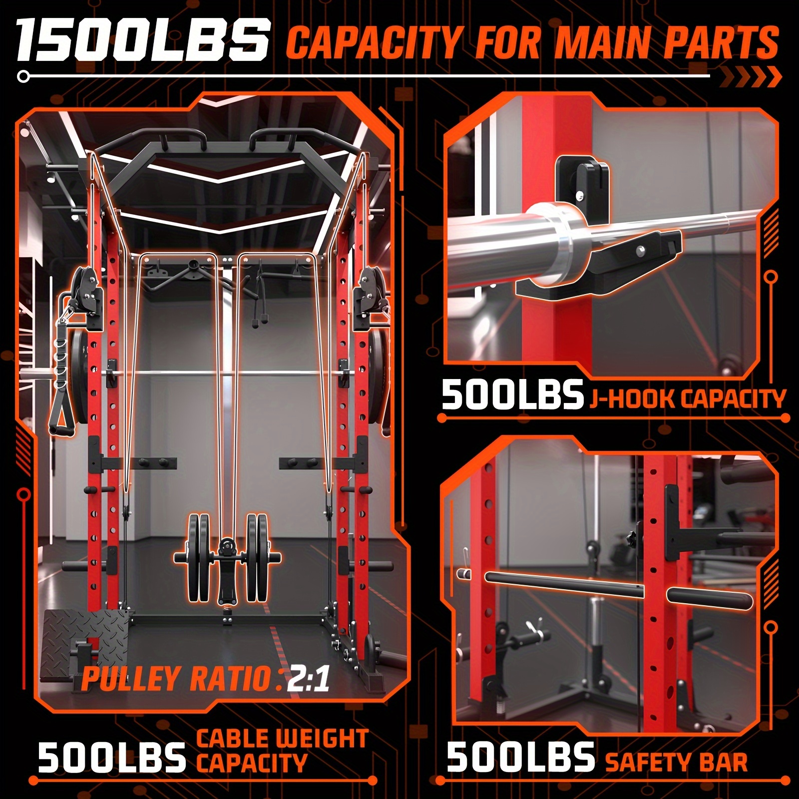 1 8-in-1 strength rack| 1500lb Load Capacity & Cable Crossover Machine - Physical Therapist Approved Squat Rack with J-Hooks, Curl Bar, and Landmine - Adaptive Strength Training System for Home Gyms (Red)