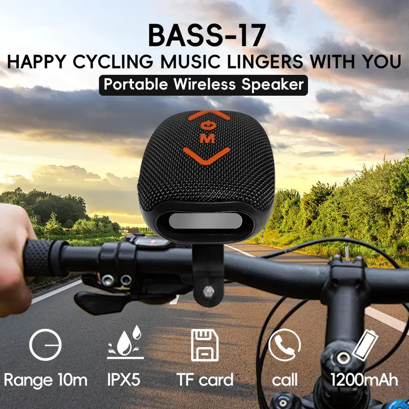 IPX5 Waterproof Portable Bluetooth Speaker with Bike Handlebar Mount, 7W Heavy Bass Wireless Speaker, 10H Playtime, Clip-on Design for Cycling, Hiking, Backpack Outdoor Use