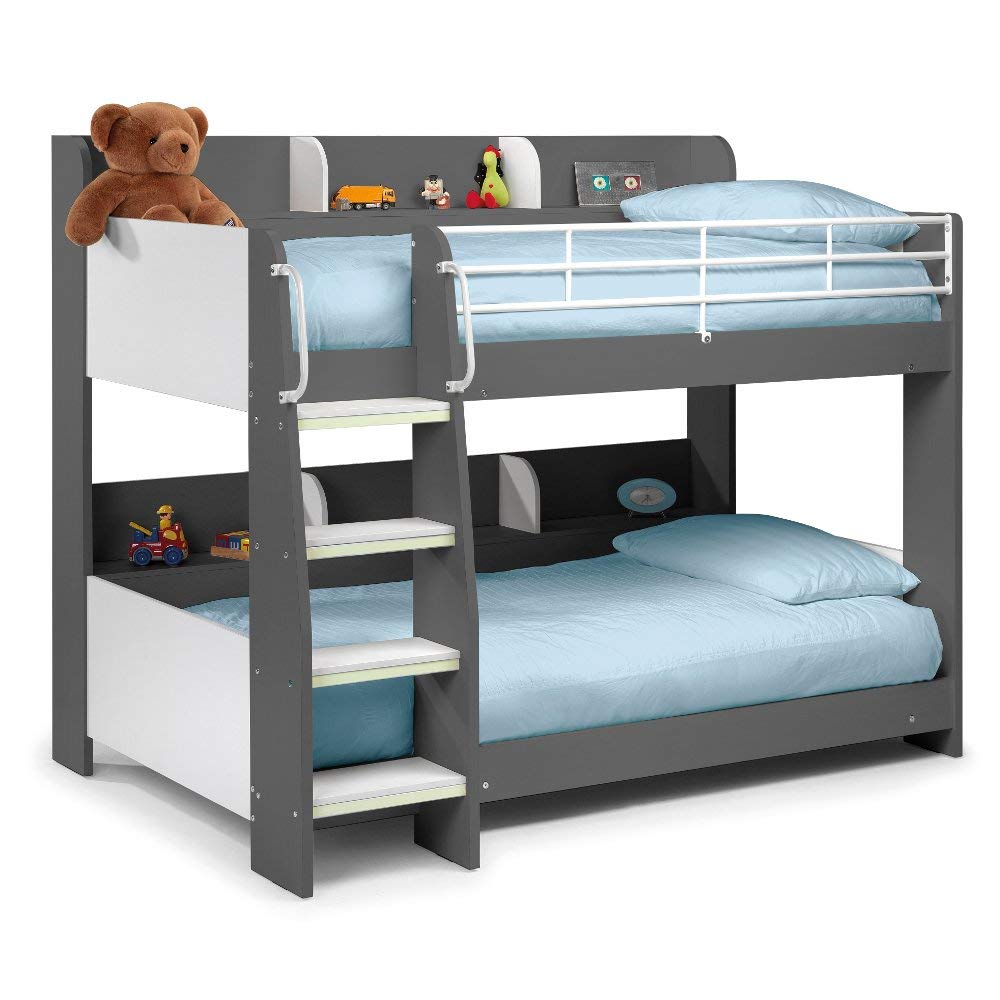 Domino Grey Wooden & Metal Kids Bunk Bed with Storage Shelves with 2x Pocket Sprung Mattress