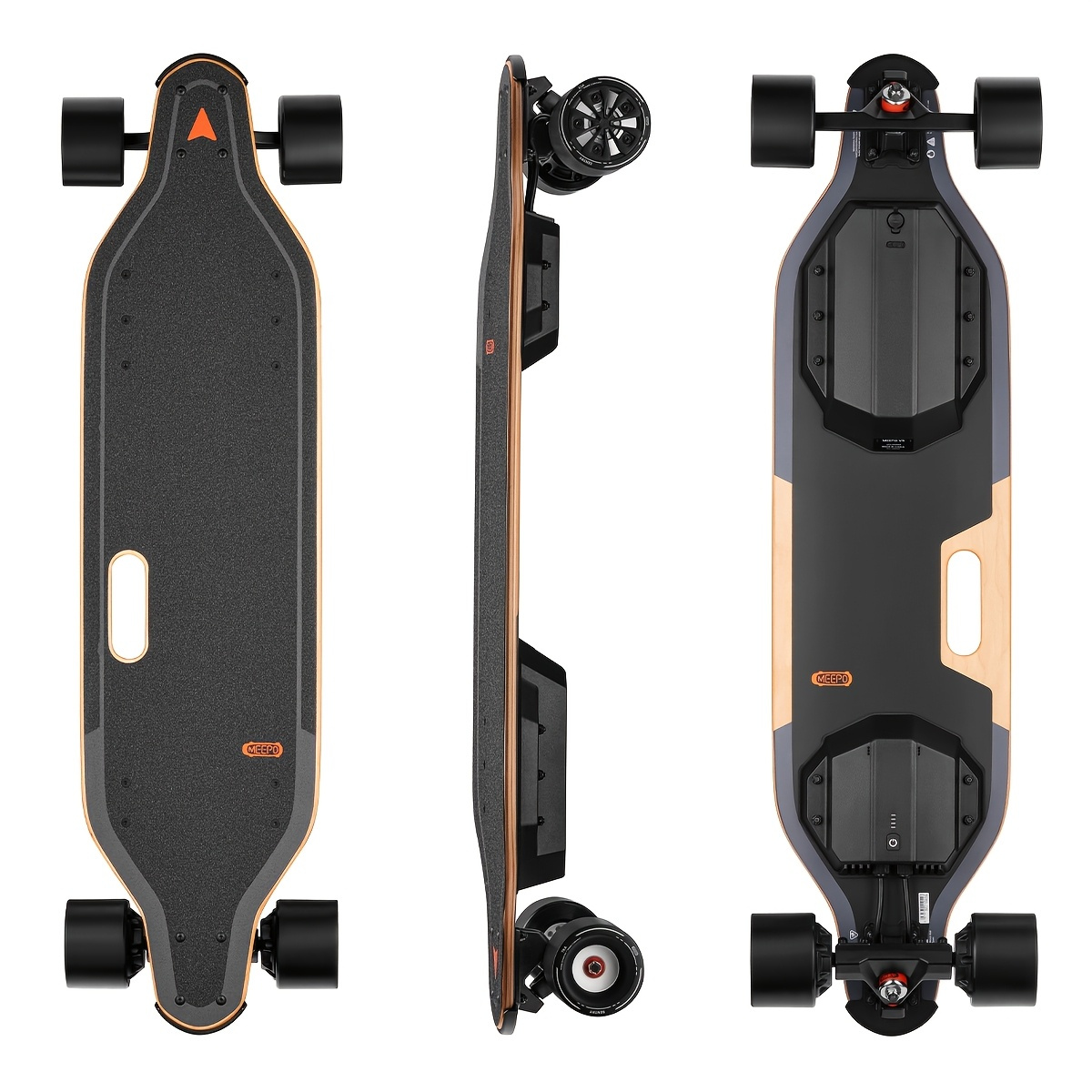 MEEPO V5 electric skateboard with remote control, 11-mile range, 4-speed smooth braking, portable handle design, suitable for adults, teenagers, and beginners