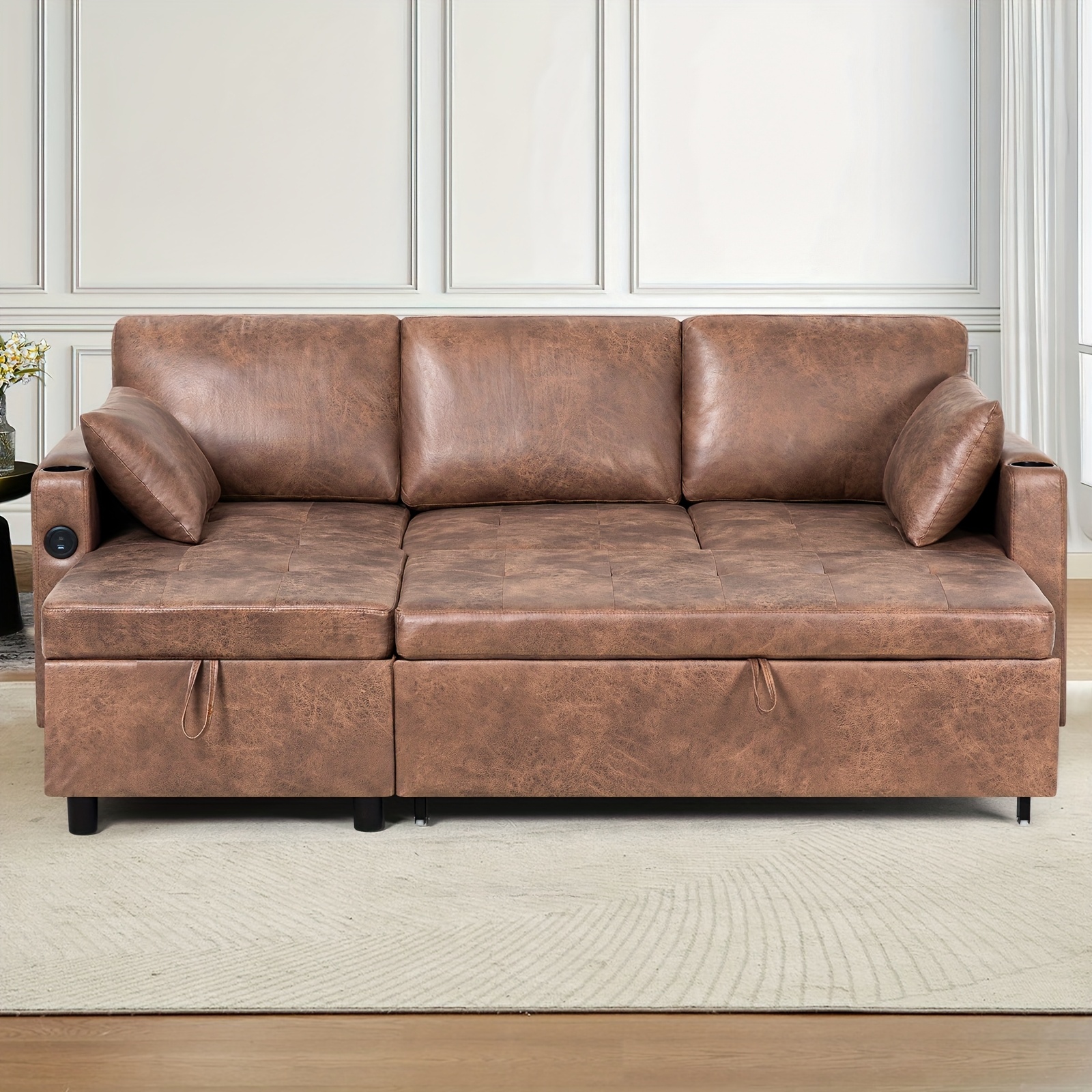 ACMEASE 84inch L-shaped pull-out sofa bed with adjustable backrest (with storage ottoman), synthetic suede fabric sofa with cup holders, modern modular sofa with storage side pockets and tufted cushions, suitable for living rooms and apartments