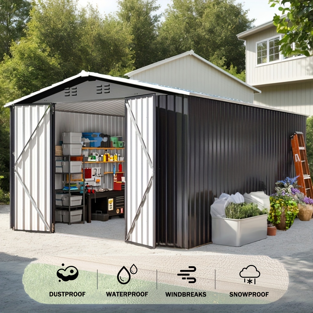 8x12/10x10/10x14 feet outdoor storage shed, metal garden shed, featuring an upgraded frame structure, black tool shed suitable for backyard gardens, patios, and lawns