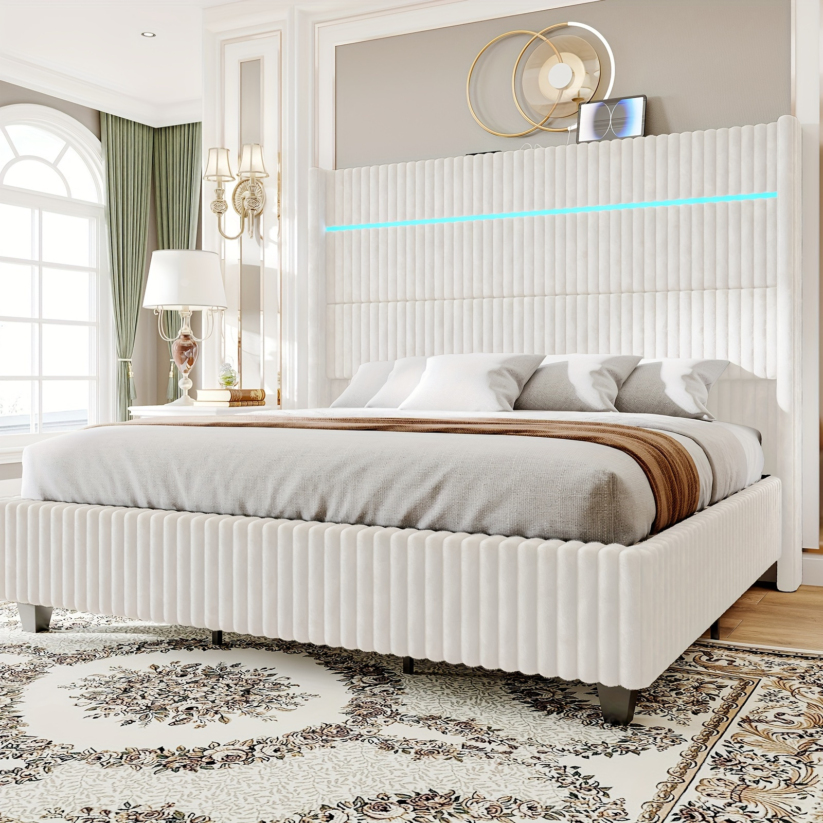 PaPt 60inch platform bed frame, with LED decorative lights, corduroy fabric winged headboard, with charging area (optional spring bed box)