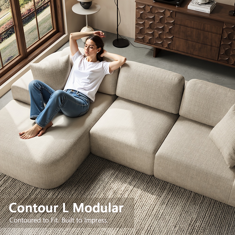 Modular sectional sofa with chaise lounge, no assembly required, modern boucle-style fabric, convertible L-shaped design, suitable for living room use.