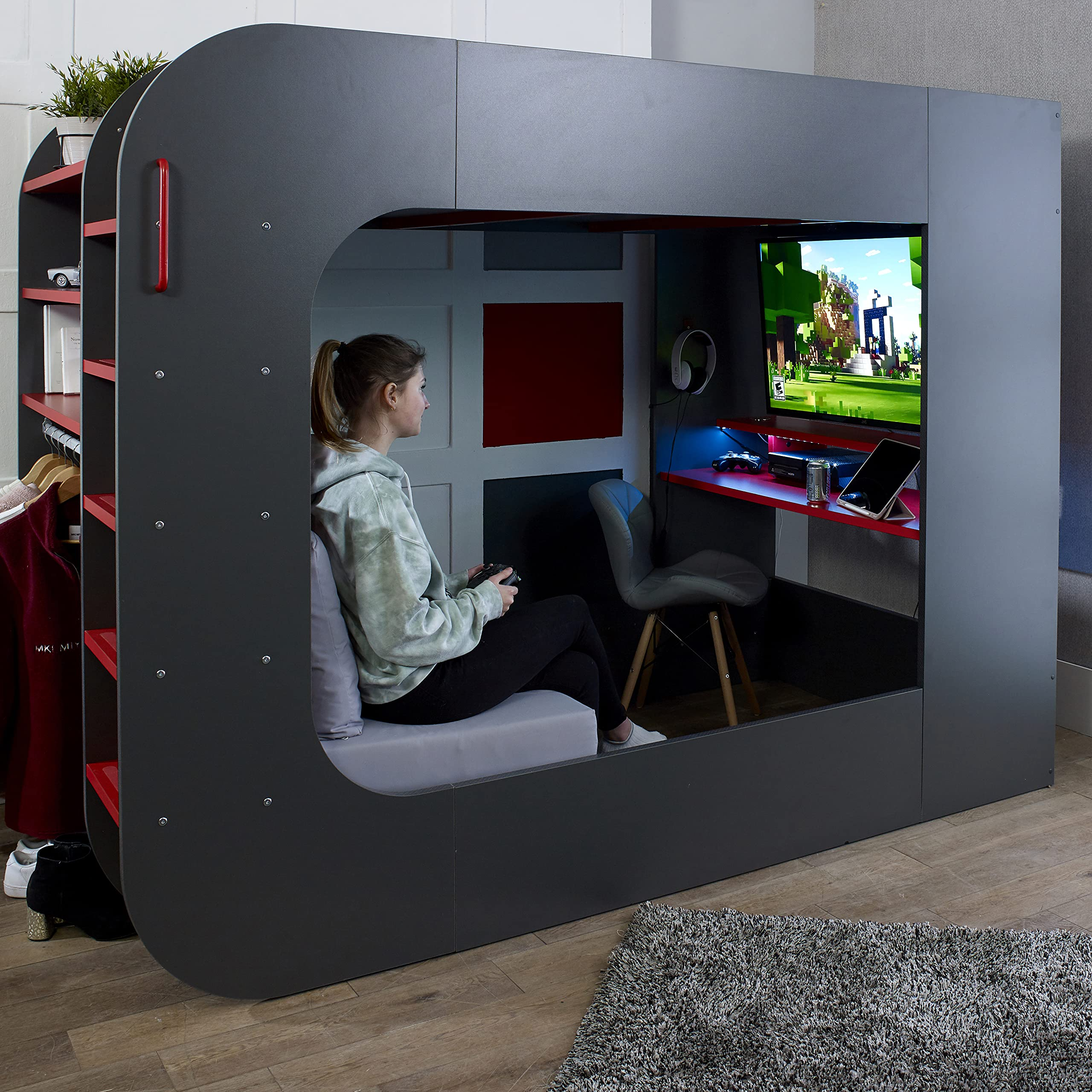 PodBed High Sleeper Gaming Bed with Sofa Bed, Built-In Desk & Open Wardrobe