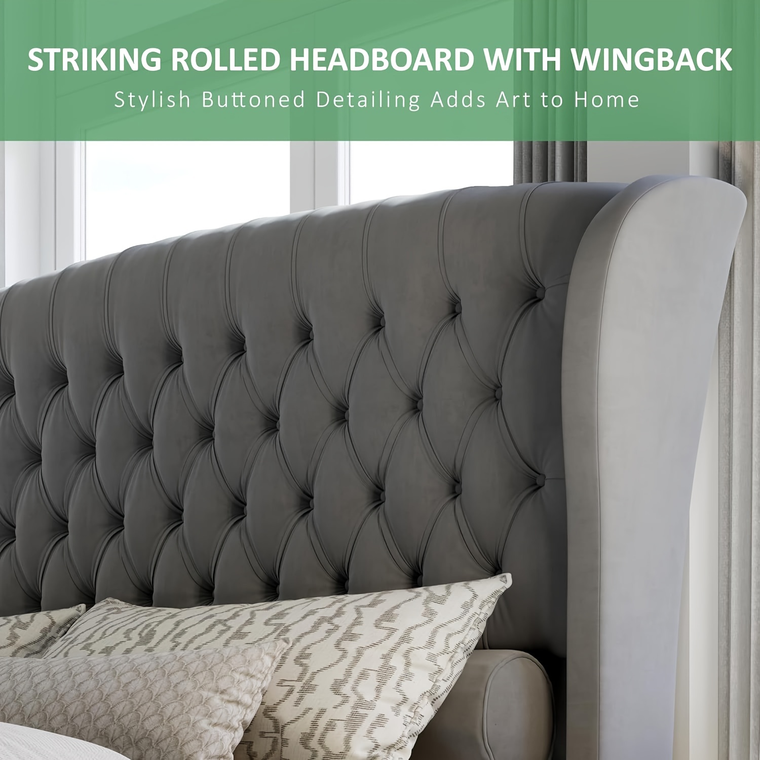 Chenille fabric bed frame, featuring a scroll-back headboard and footboard, with button-tufted embroidery design, does not require a box spring mattress