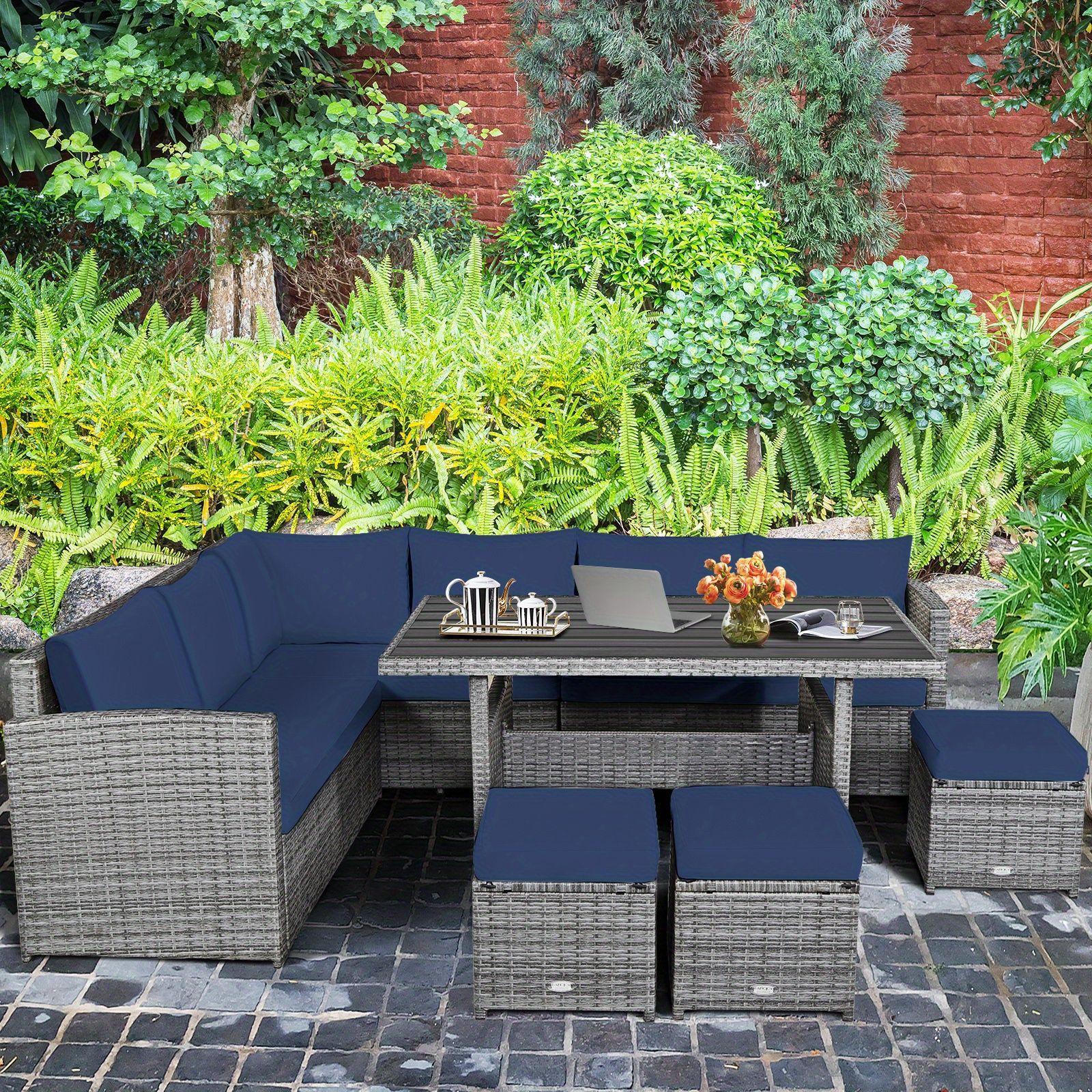 COSTWAY 7-piece outdoor patio furniture set, outdoor PE rattan combination sofa set with cushions and footstool, suitable for poolside and backyard patio dining furniture, available in red/cream/green/black/navy blue/gray