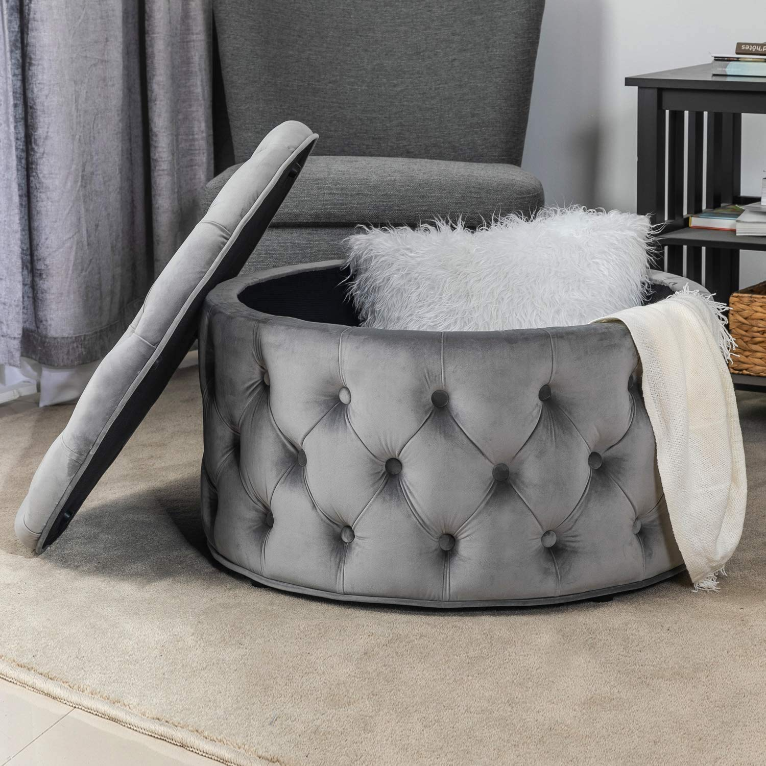 Homebeez Round Velvet Storage Ottoman, Button Tufted Footrest Stool Coffee Table