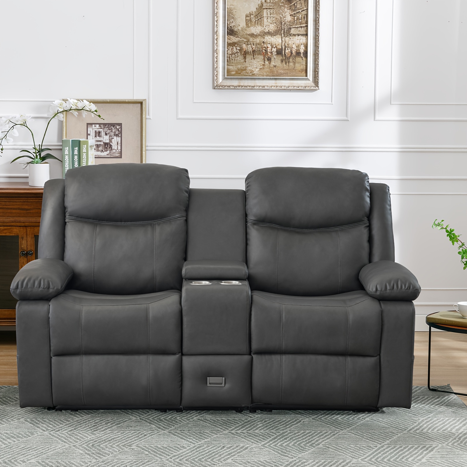 Consofa Double Sofa Recliner, PU Leather Recliner Double Sofa, Manual Recliner Double Sofa with Console, RV Sofa with Cup Holder and Side Pockets, Suitable for Living Room, Office, or Apartment (Gray)