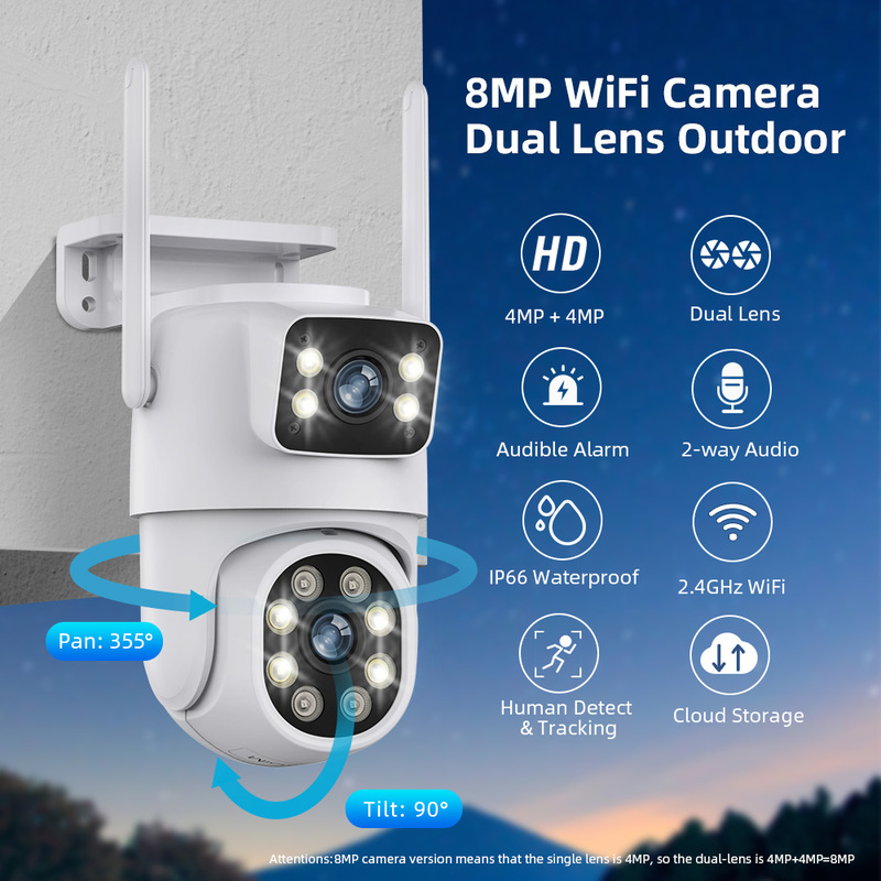 Gadinan 8MP 4K HD WiFi IP Camera Outdoor Dual Lens Screen PTZ Auto Tracking POE Security Video Surveillance CCTV Alexa iCSEE